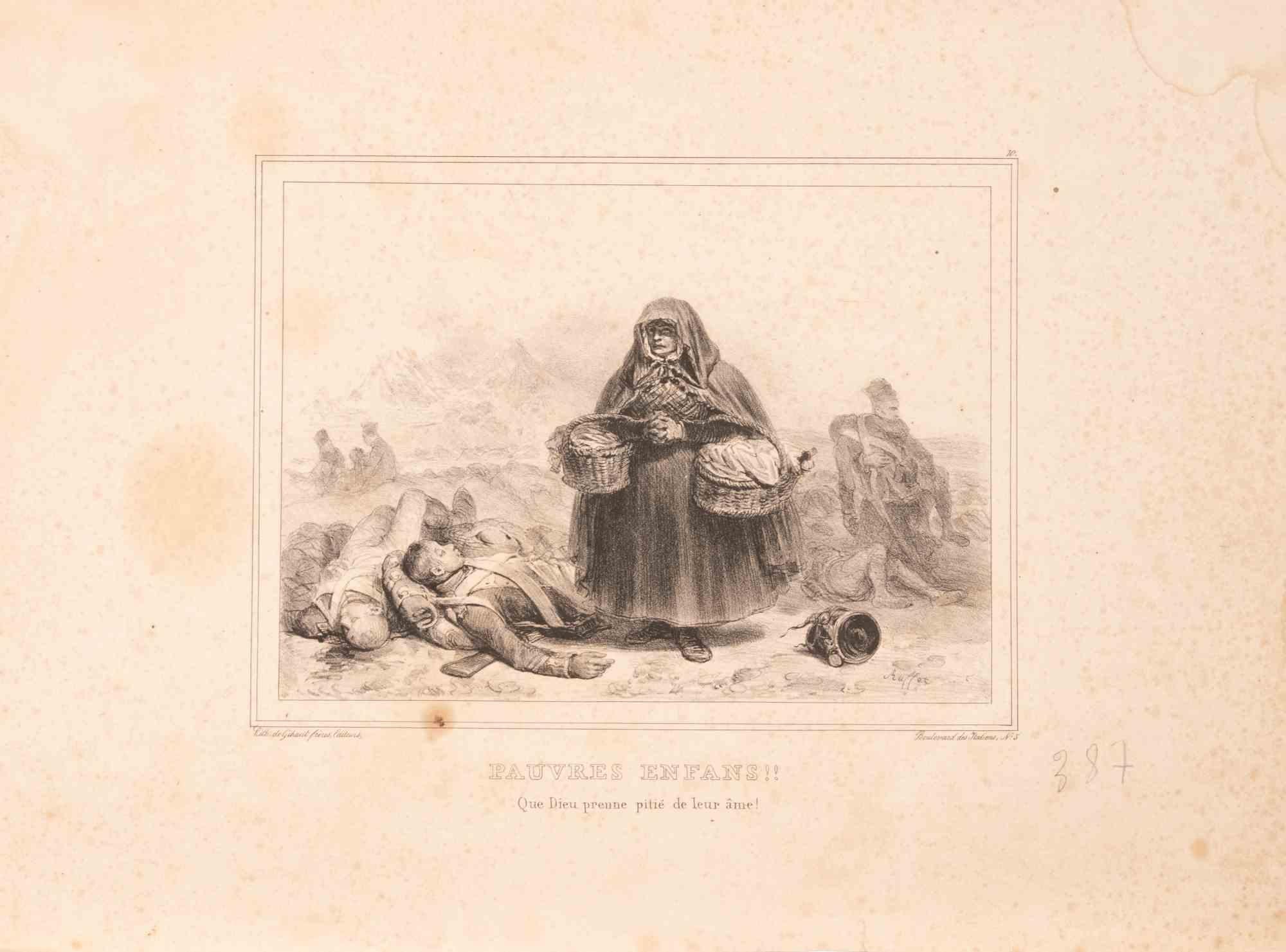Lithograph on wove paper, realized between 1830s and 840s.

Signed in the plate.

Pronounced foxing across sheet, heavier toward the edges; scattered water stains and one dark spot at lower right; image area retains clarity and contrast despite