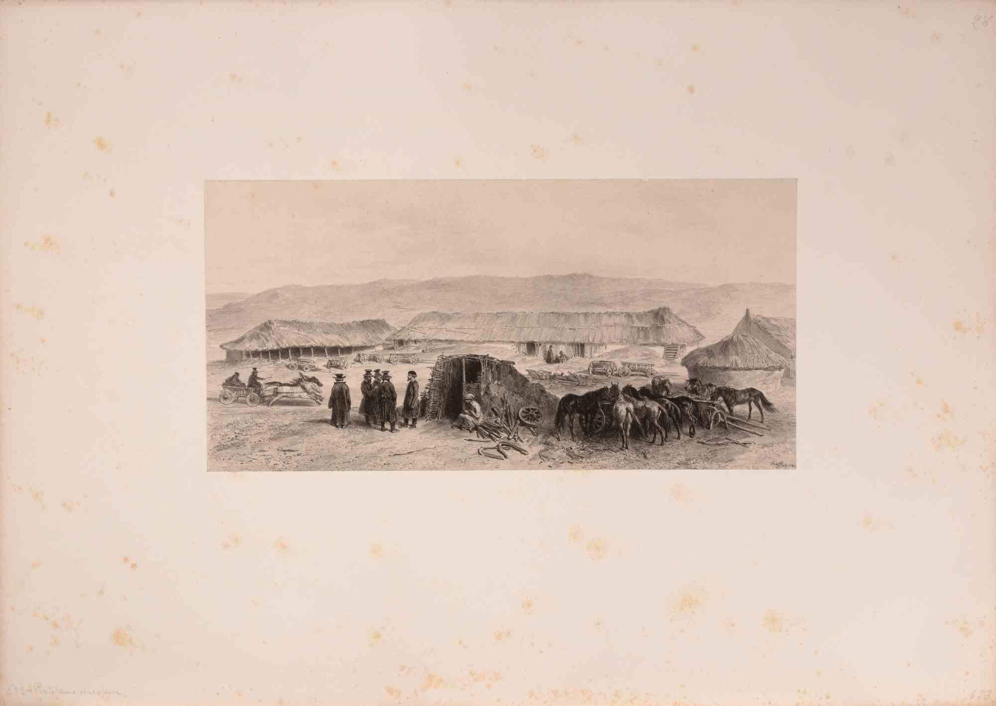 Lithograph on wove paper. Signed and dated in the plate.

Image dimension: 16.5x33.

This finely detailed lithograph by Auguste Raffet depicts a rustic Crimean village scene, part of the artist’s celebrated series created during his travels with