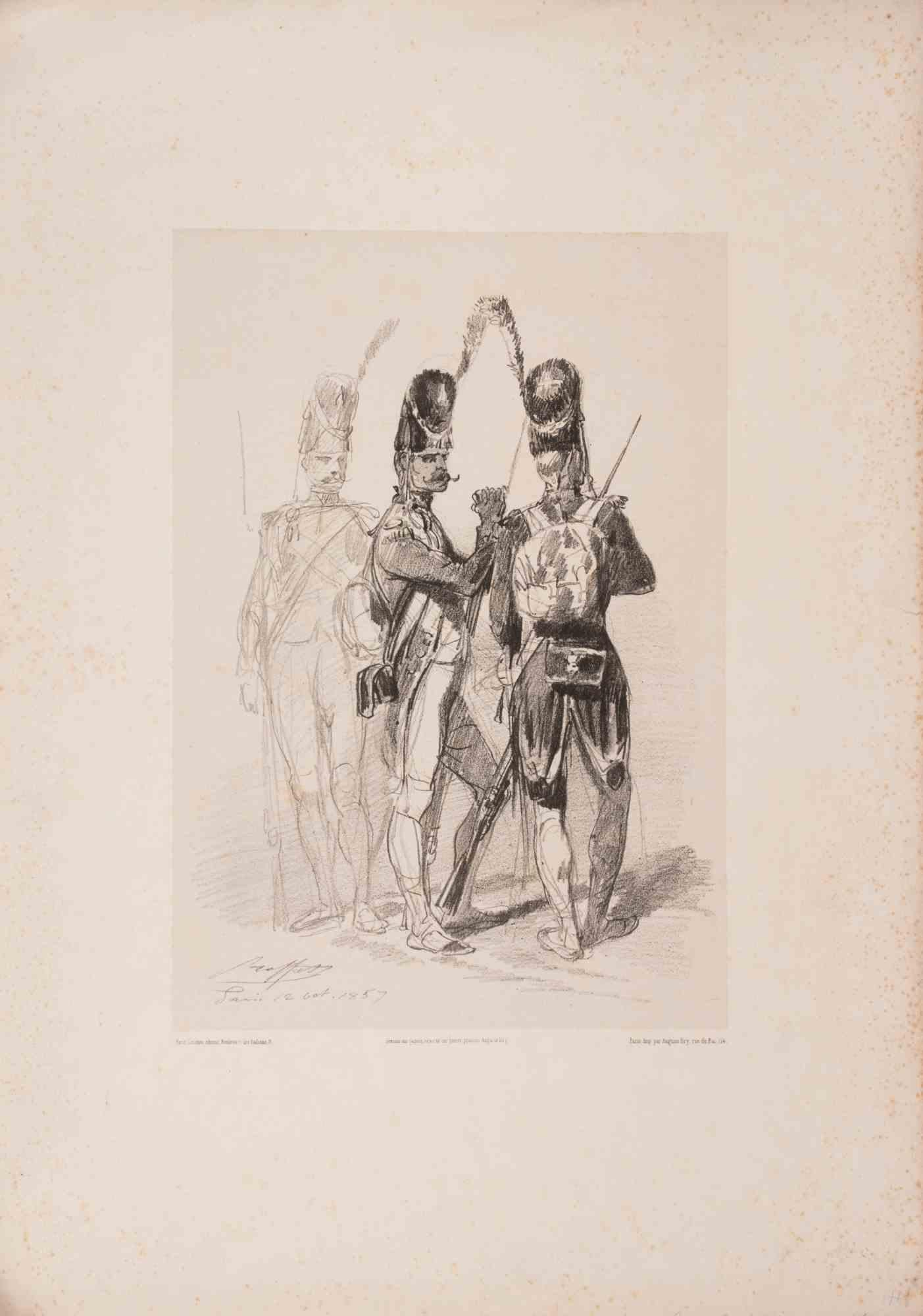 Lithograph on cream wove paper, signed and dated in the stone by August Raffet (“Raffet / Paris, 12 Oct. 1857”).

This work is a preparatory study showing French soldiers in detailed uniform, some fully rendered and others left as contour sketches,