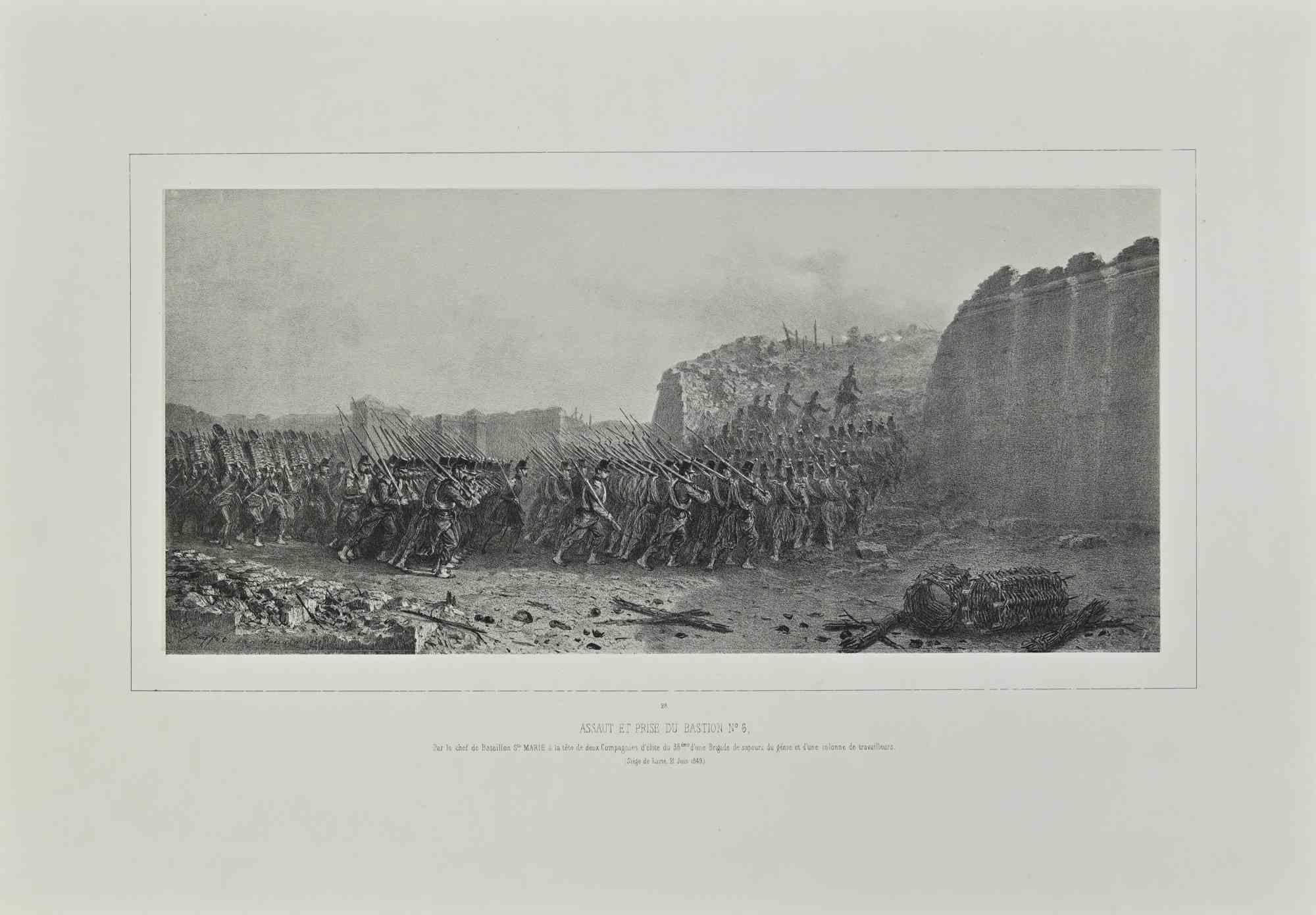 Lithograph realized by Auguste Raffet in 1860 and belonging to the series "Souvenirs d'Ialie - Expedition de Rome".

Good condition.