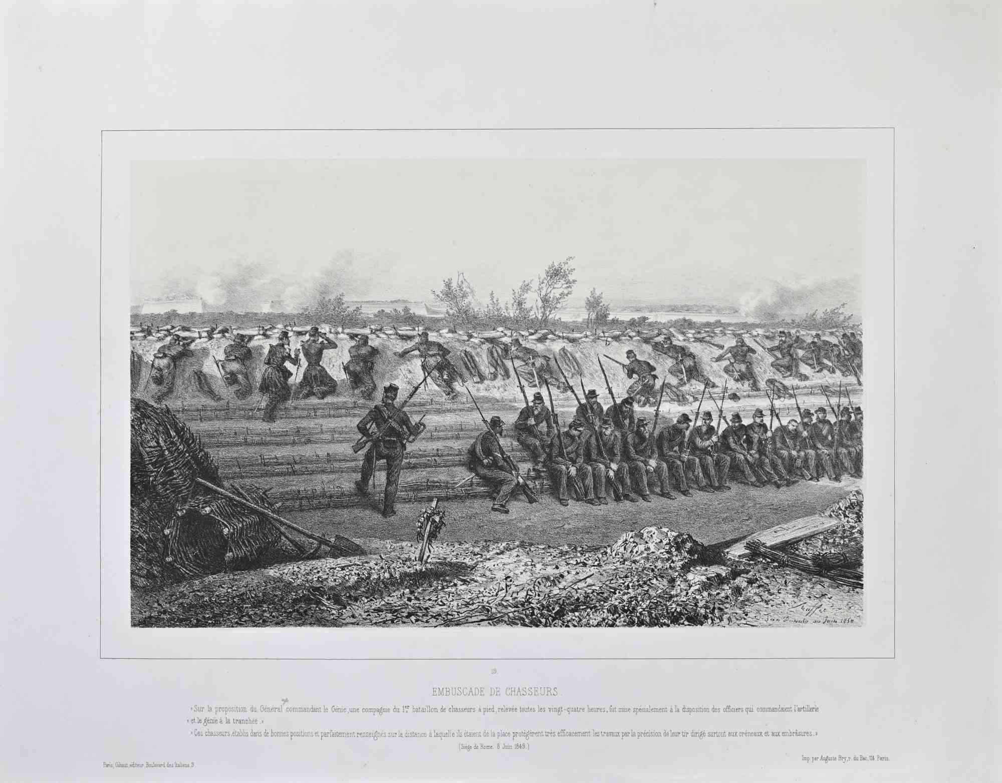Der französische Angriff ist ein Kunstwerk, das von Auguste Raffet (1804-1860) in den 1860er Jahren realisiert wurde.

Gehört zur Serie "Souvenir d'Italie - Expédition de Rome".

Lithographie, vom Künstler in der Platte signiert und datiert.

Guter