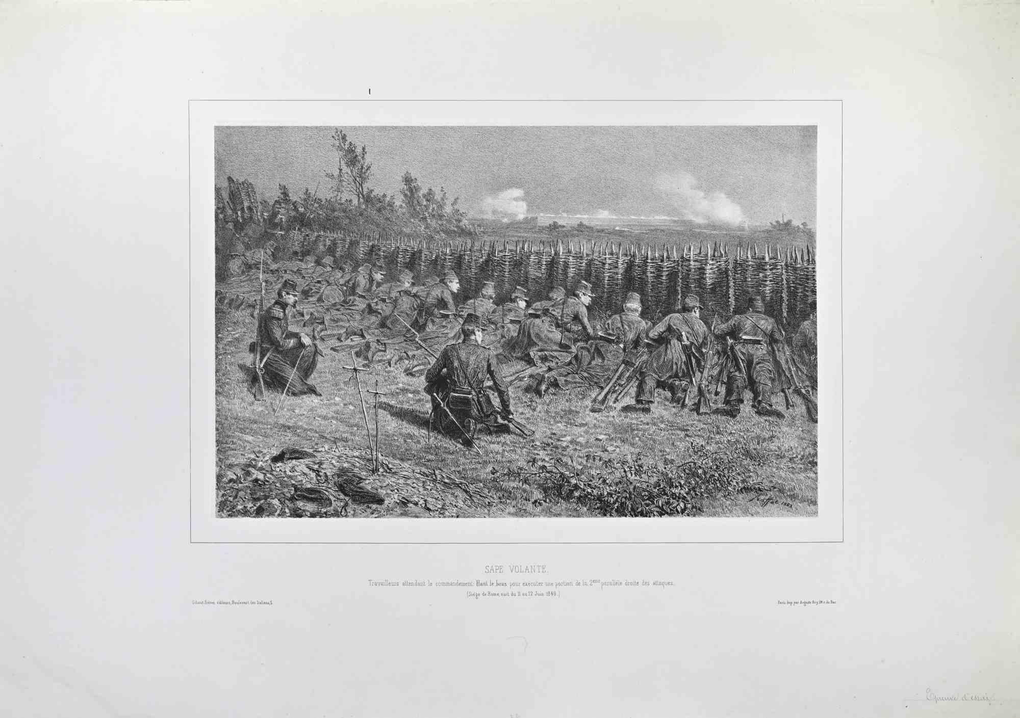 The French Trench is an artwork realized by Auguste Raffet (1804-1860) in the 1860s.

Belongs to the series "Souvenir d'Italie - Expédition de Rome".

Lithograph, signed and dated by the artist on the plate.

Good condition.