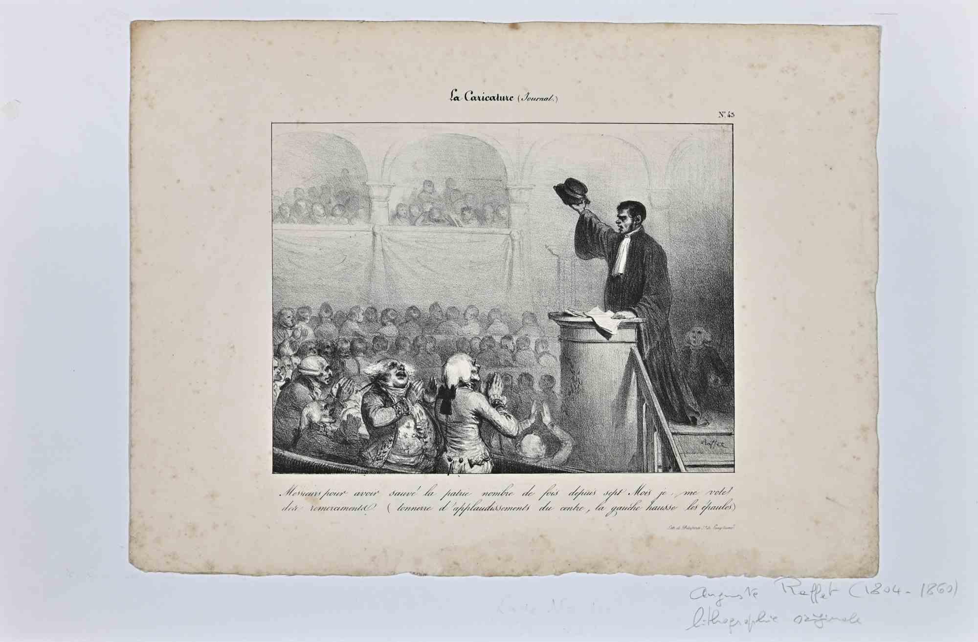 The National Assembly in Paris is a Lithograph realized by Auguste Raffet (1804-1860).

Good condition on a yellowed paper. Published on the Satirical Newspaper "La Caricature".

Hand signed by the artist on the lower right corner.

Limited edition,