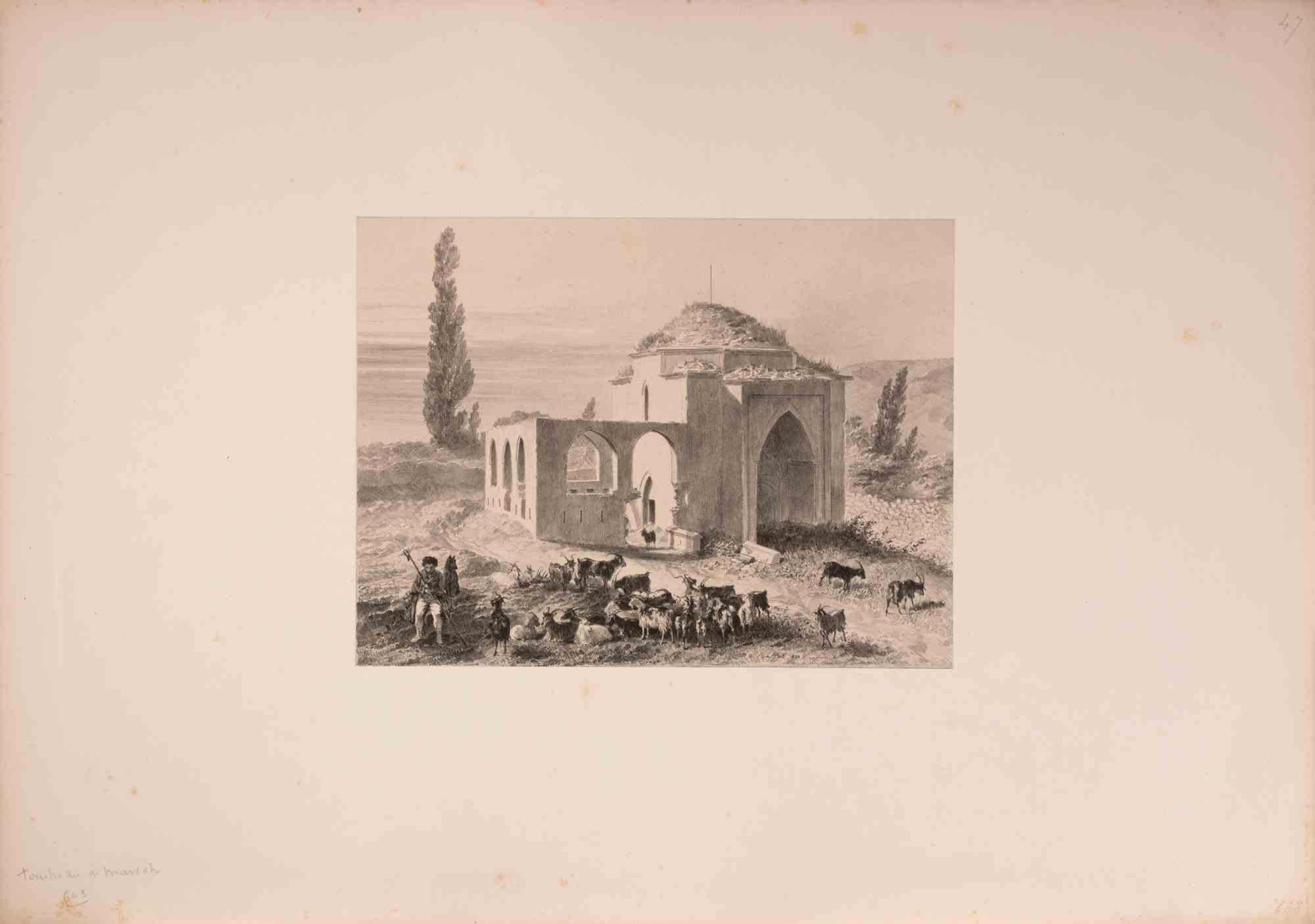 Lithograph on paper realized by Auguste Raffet in 1838.

It is part of the suite "Crimée".

The scene shows an Islamic funerary monument (türbe), partially in ruins, in the Crimea or southern Russian Empire region.

Image dimension cm.