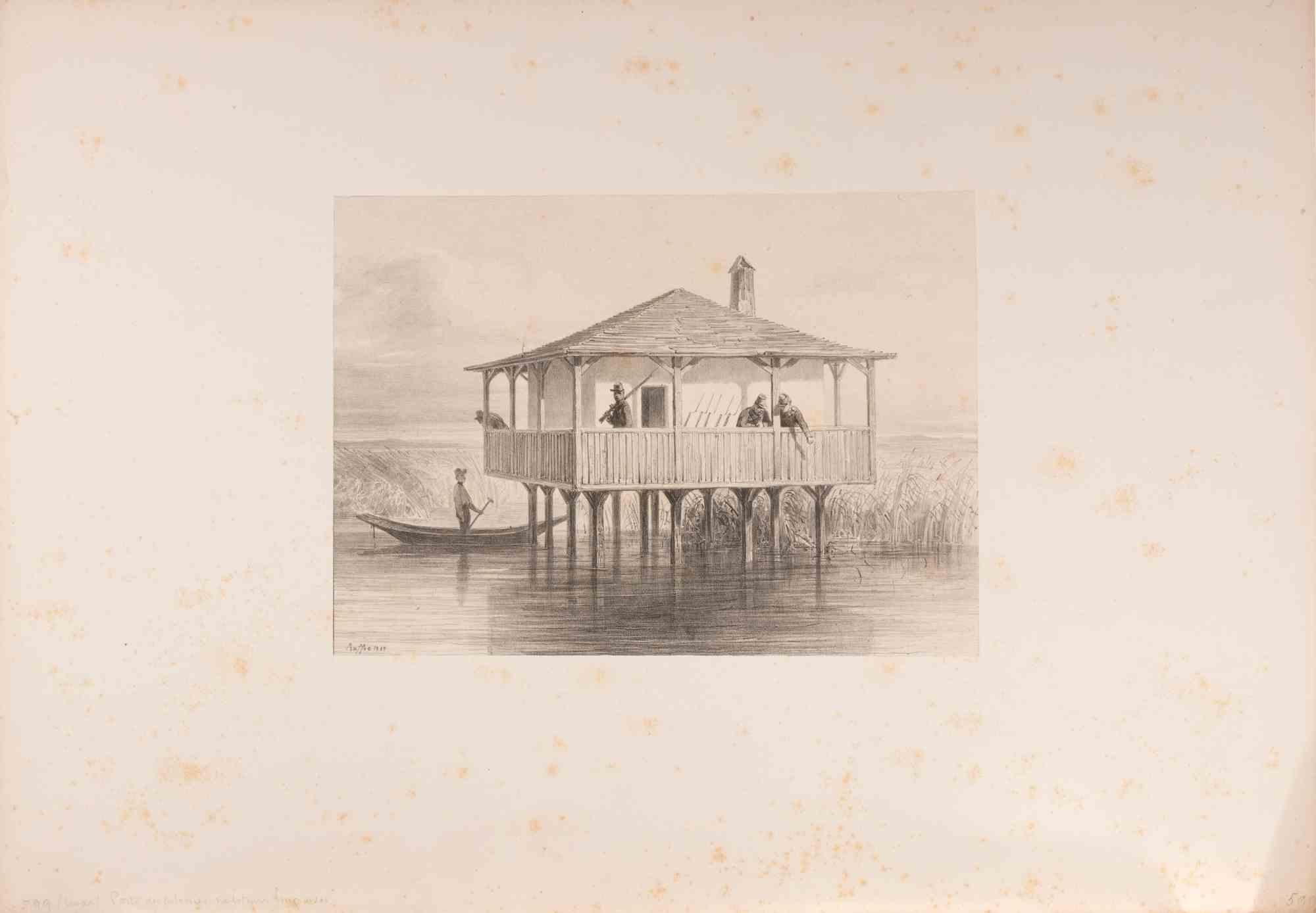 Lithograph realized by Raffet in 1838.

Signed and dated in the plate.

Image dimension 20x29 cm.

The composition captures a striking juxtaposition between land and water. In the foreground, a large wooden boat glides across a calm river. The