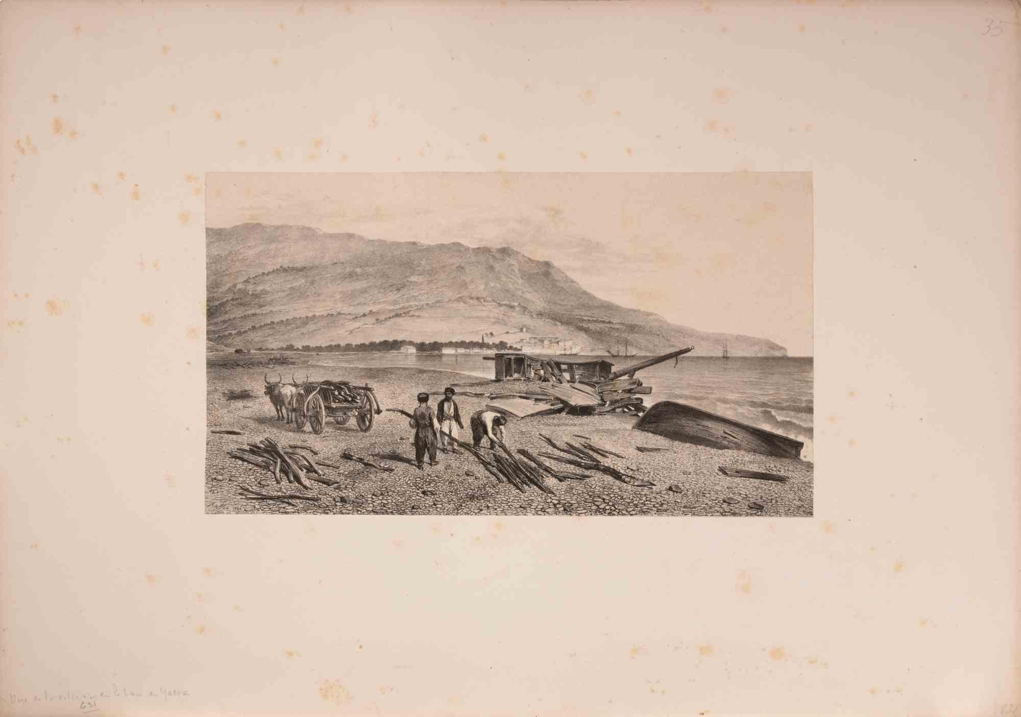 Lithograph on wove paper.

Signed and dated in the plate.

Image dimension: 19x33 cm.

This finely executed lithograph by Auguste Raffet depicts a vivid coastal scene on the shores of Yalta, where figures labor to gather and transport driftwood