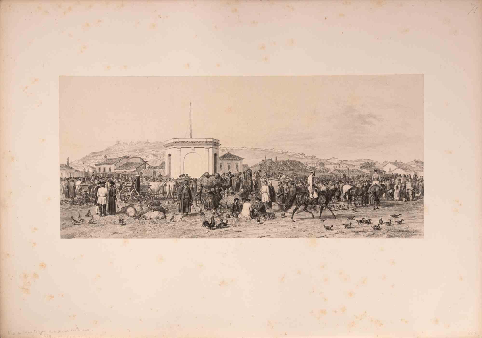 Vue du Marché de Lisbonne - Lithograph by Auguste Raffet - 1844