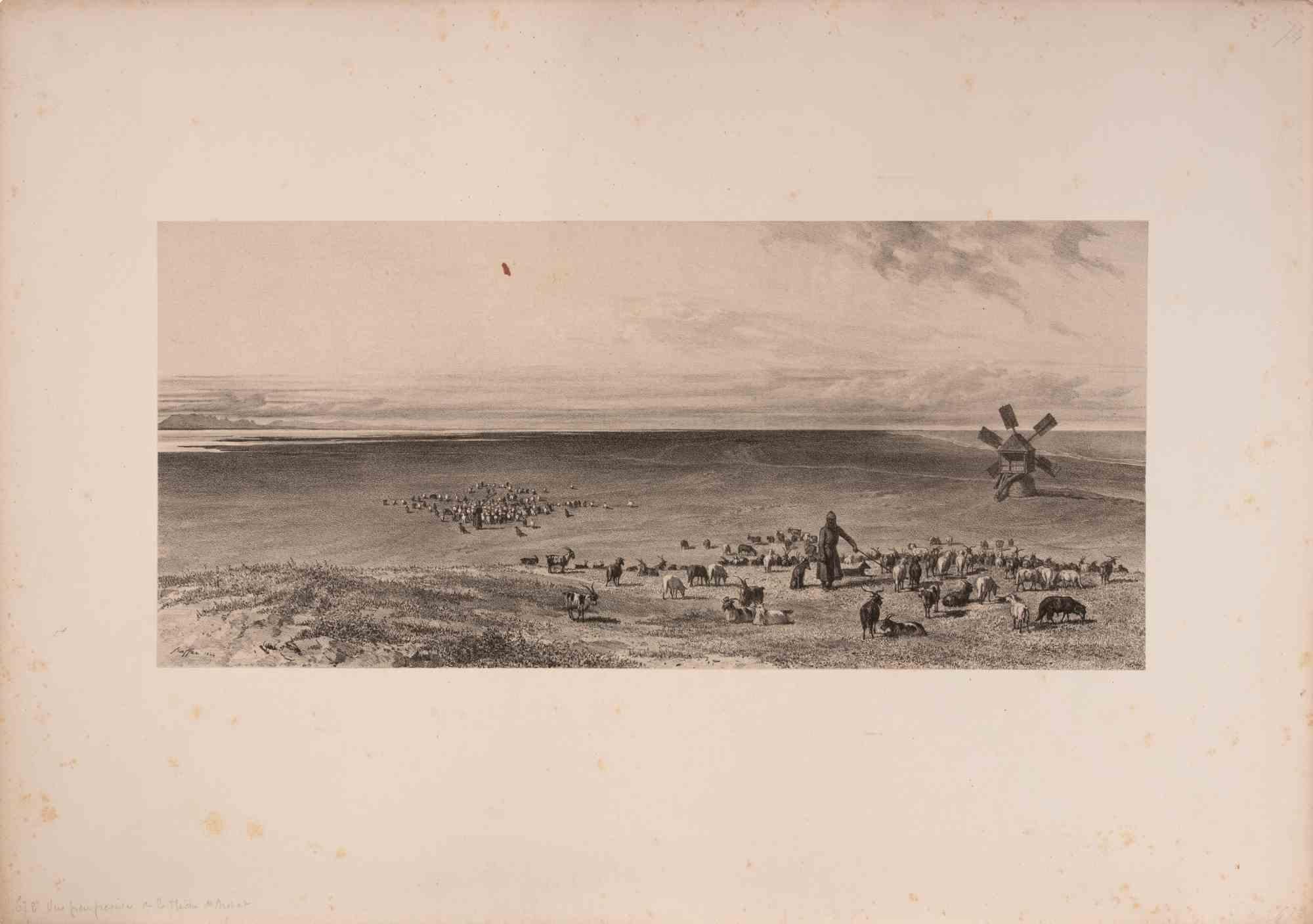 Lithograph on wove paper.

Signed and dated in the plate.

Image dimension 19x42 cm.

A sweeping and atmospheric composition by Auguste Raffet, master of lithographic detail, depicting a pastoral scene with a shepherd guiding his flock across vast
