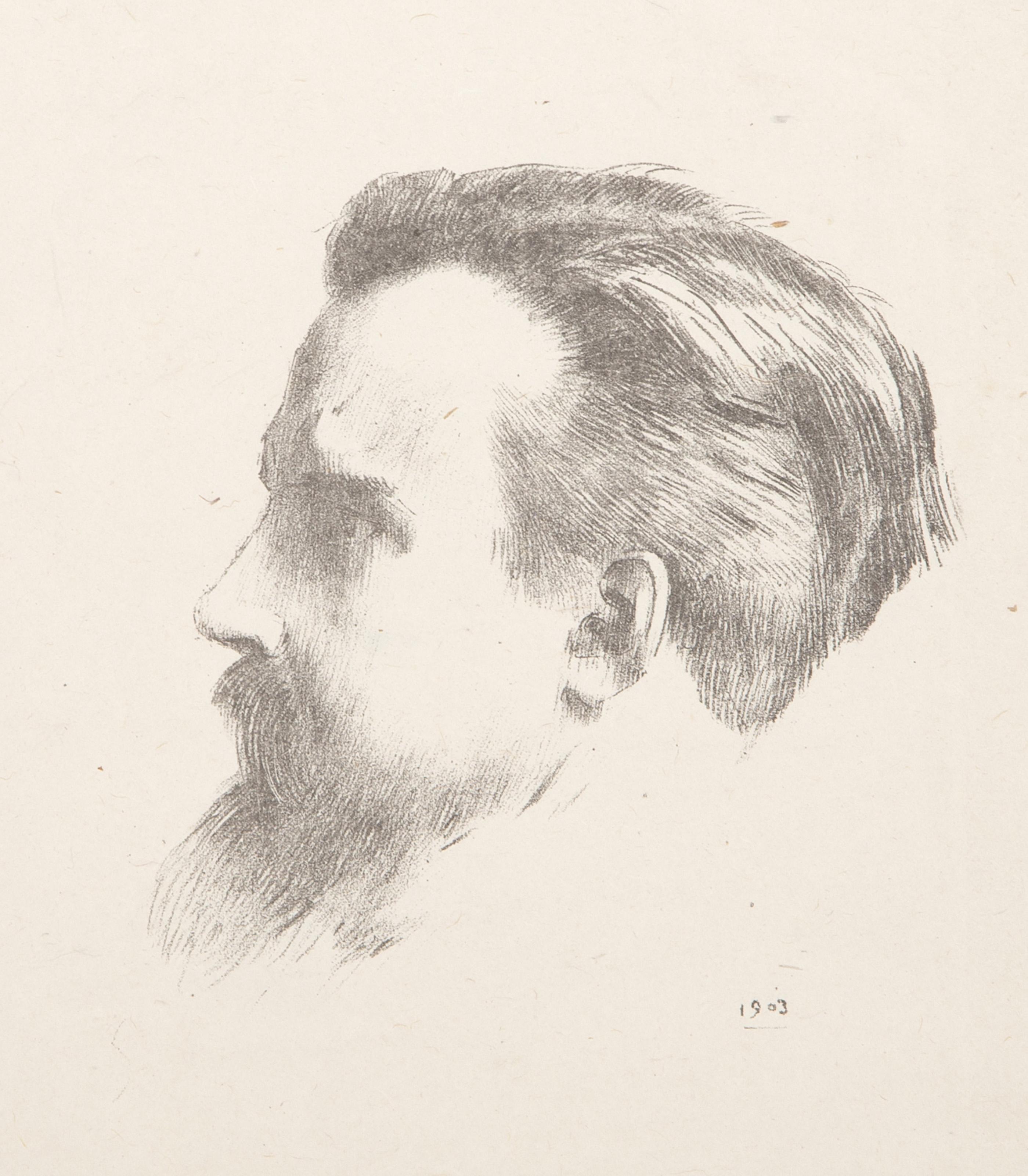  Auguste Rodin, Francese (1840 - 1917) - Uomo rivolto a sinistra, Anno: 1903, Medium: Litografia su Japon, datata nella lastra, Dimensioni immagine: 5,5 x 5,5 pollici, Dimensioni: 13 x 8,75 pollici (33,02 x 22,23 cm), Descrizione: Dalla collezione
