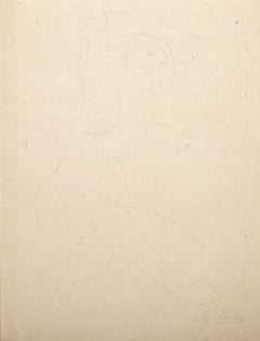 Desnudo sentado con un brazo detrás de la cabeza, litografía impresionista de Auguste Rodin