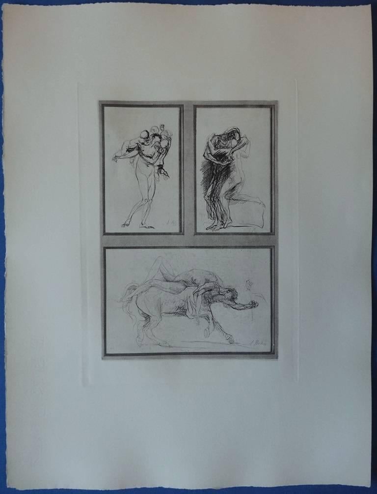Three mythological studies - Plate signed etching (1897) - Realist Print by Auguste Rodin
