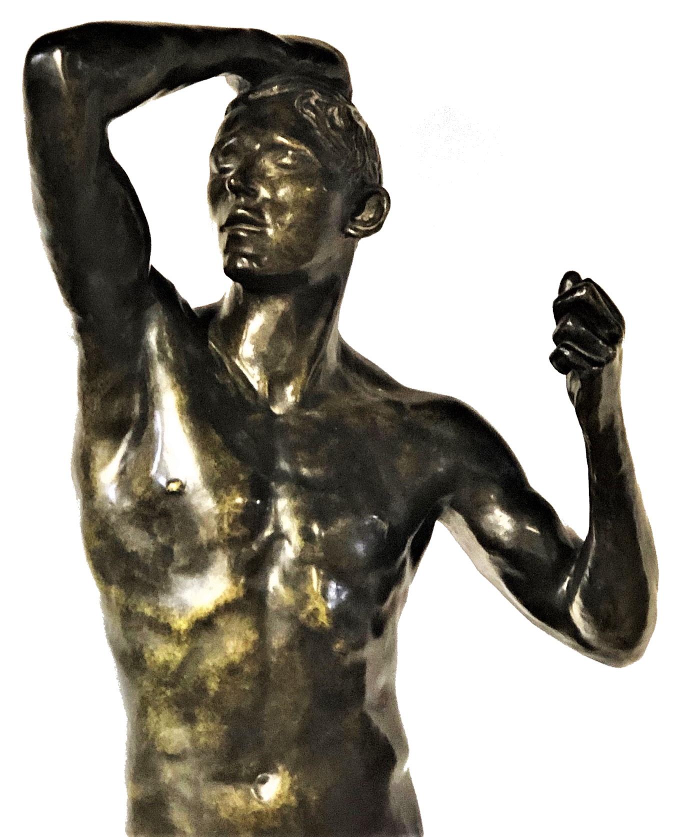 Auguste Rodin
Bronzezeit
Patinierte Bronze-Skulptur Re-Guss
XX Jahrhundert

ÜBER DAS KUNSTWERK
Rodins bahnbrechende Skulptur Das Zeitalter der Bronze (L'Age d'airain) löste wegen ihres extremen Naturalismus und ihrer zweideutigen Thematik einen