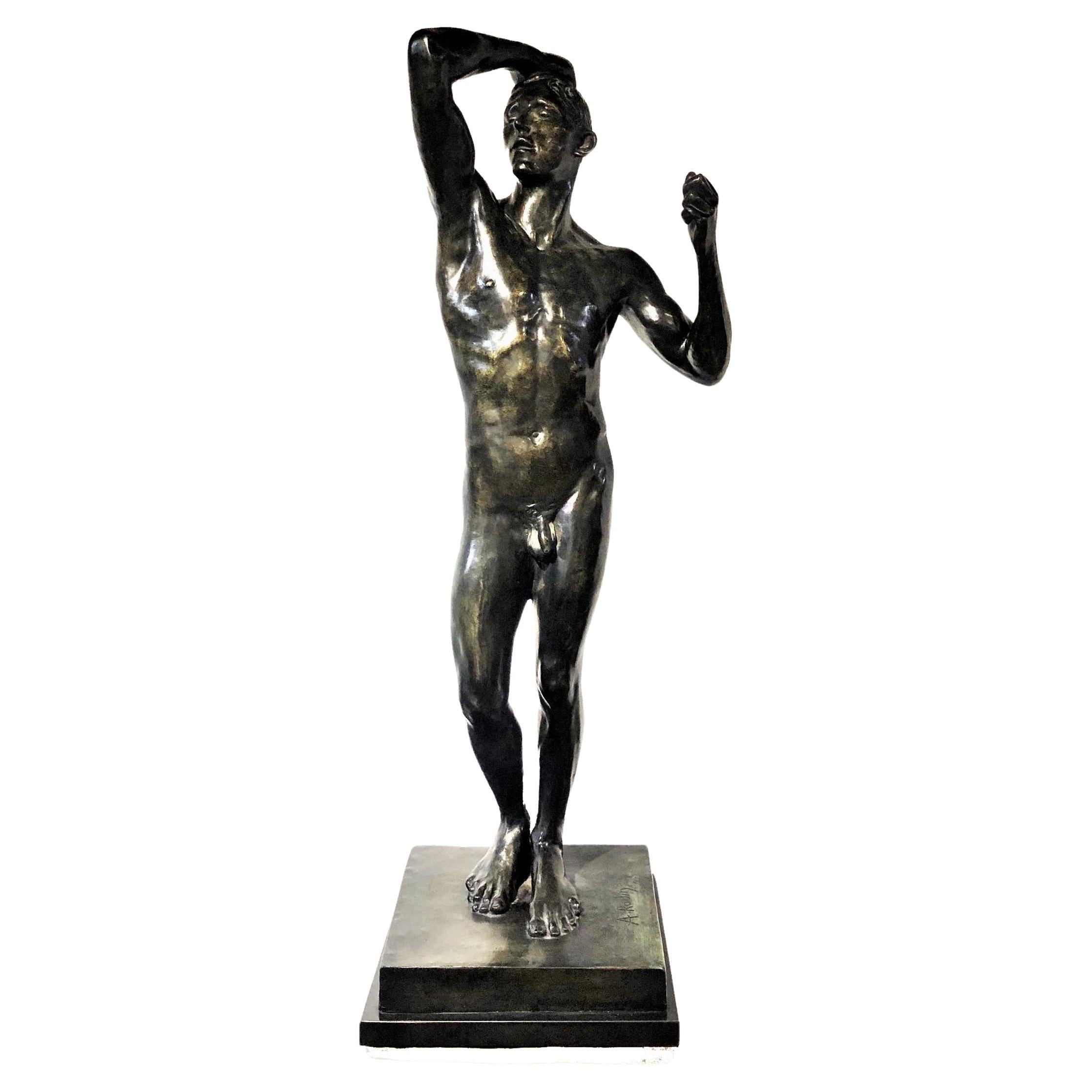 Auguste Rodin, Age of Bronze, Male Nude Patinated Bronze Statue Re-Cast, XX C.