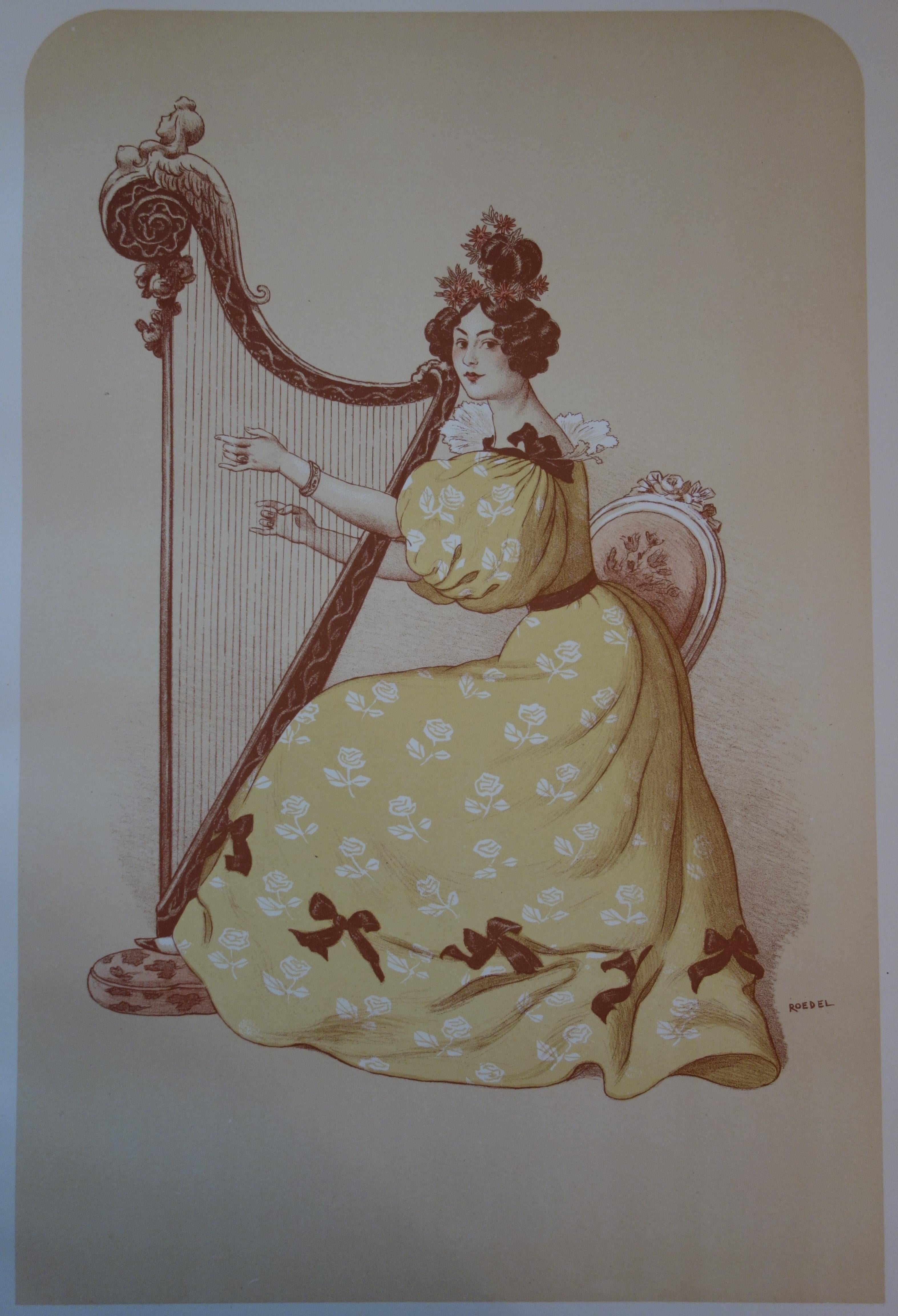 Romanticismo, Donna con arpa - Litografia originale - 1898 - Print di Auguste Roedel
