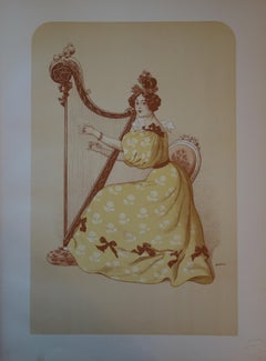 Antique Romance, Woman with a Harp - Original lithograph - 1898