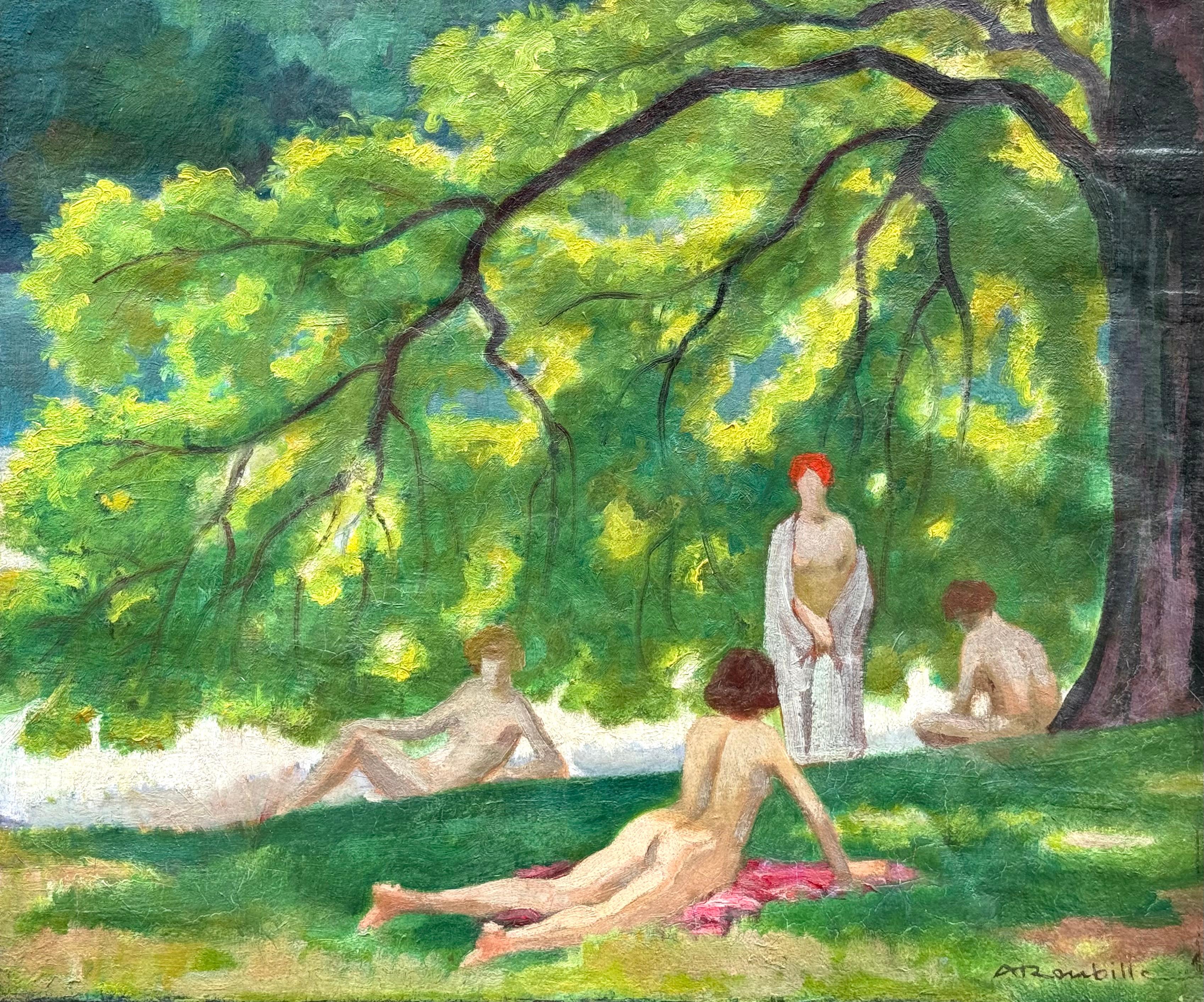 “The Sun Bathers” (Grau), Figurative Painting, von Auguste Roubille
