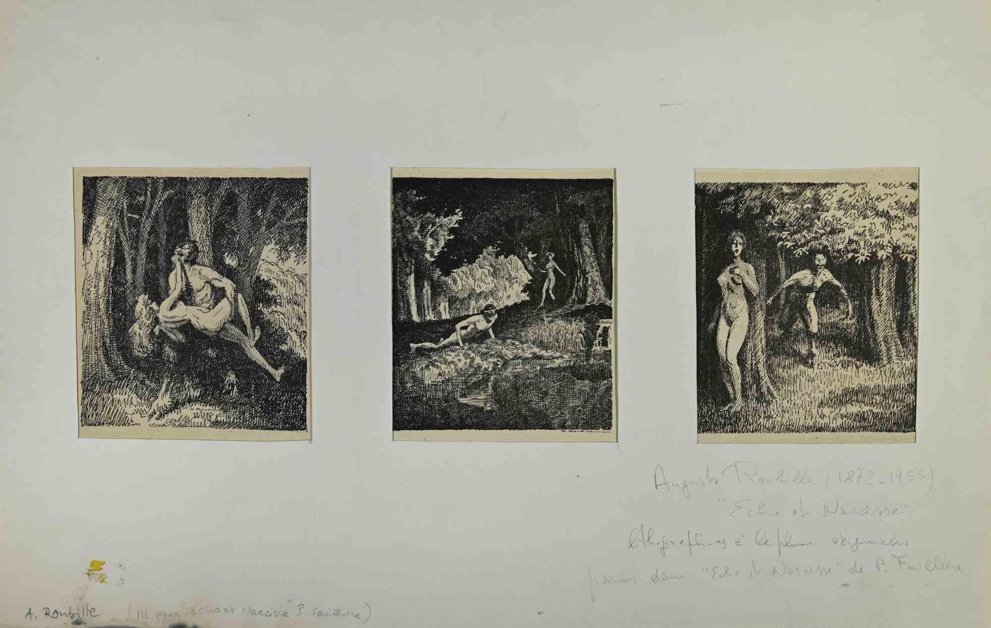 ‎Echo et Narcisse is an artwok realized in 1911, by the French Artist Auguste Roubille (1872-1955).

Three Lithographs print on paper, cm 20x15 cad. Signed in plate. The artwork is part of the Poem of Paul Feuillâtre.

The work is glued on