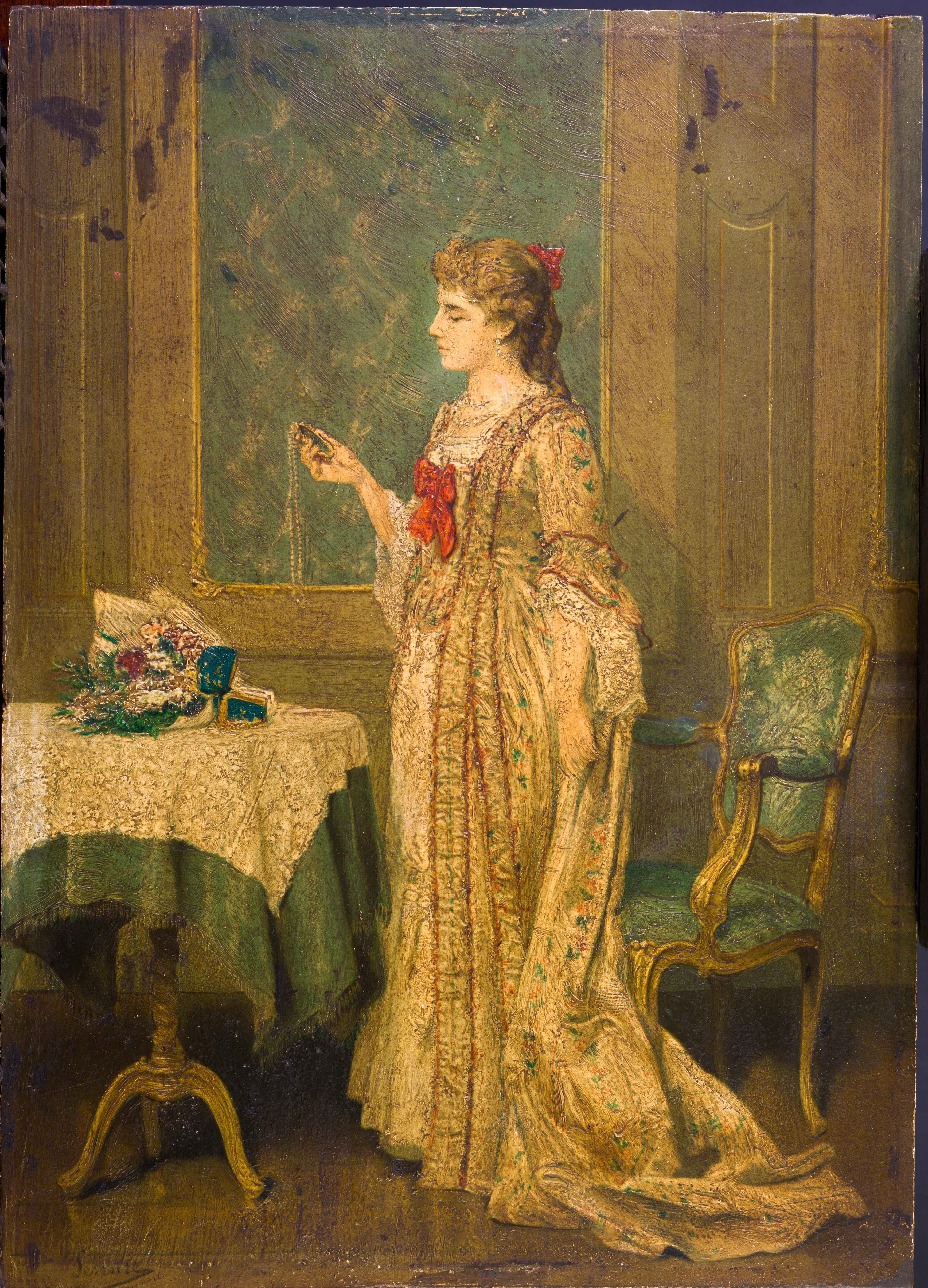 Portrait of a lady. - Brown Portrait Painting by Auguste Serrure