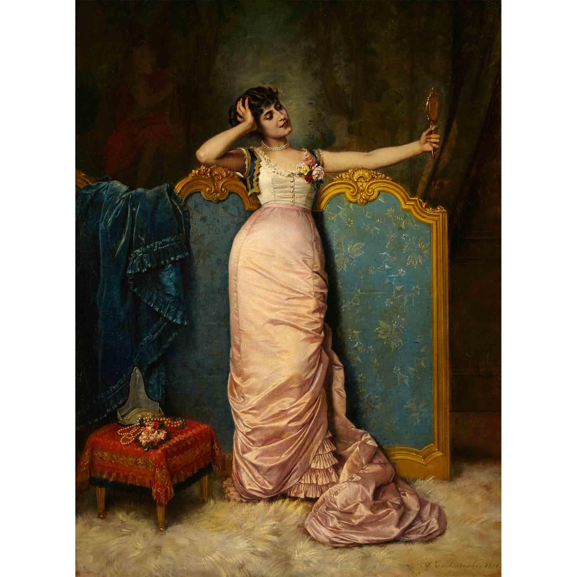 "Admiring Her Looks" by Auguste Toulmouche is a quintessential example of 19th-century academic art, emphasizing beauty and technique. Toulmouche's work often explores themes of femininity and domestic opulence, with this piece encapsulating a