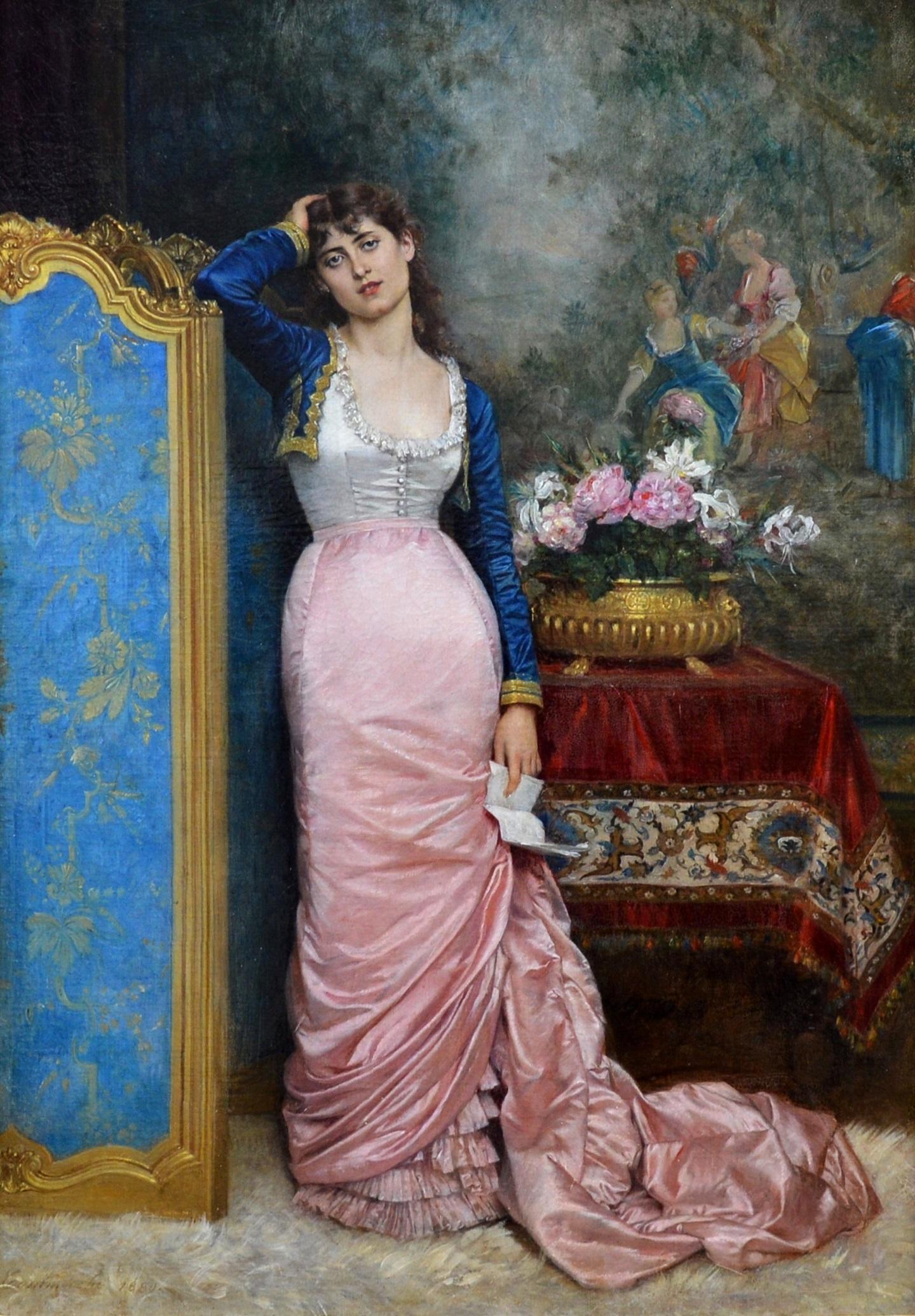 This is a fine 19th century oil on canvas depicting an elegant Parisienne beauty in an opulent salon interior contemplating the contents of a love letter by the celebrated French painter Auguste Toulmouche 1829-1890. ‘Declaration of Love’ is signed