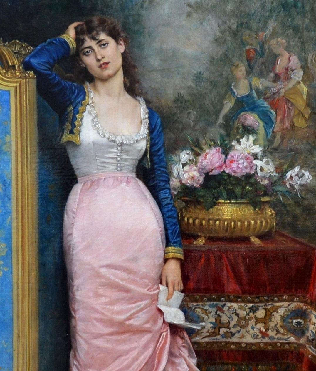 Dichiarazione d'amore - Ritratto a olio su tela della French Belle Epoque del 19° secolo - Portrait Painting Marrone di Auguste Toulmouche