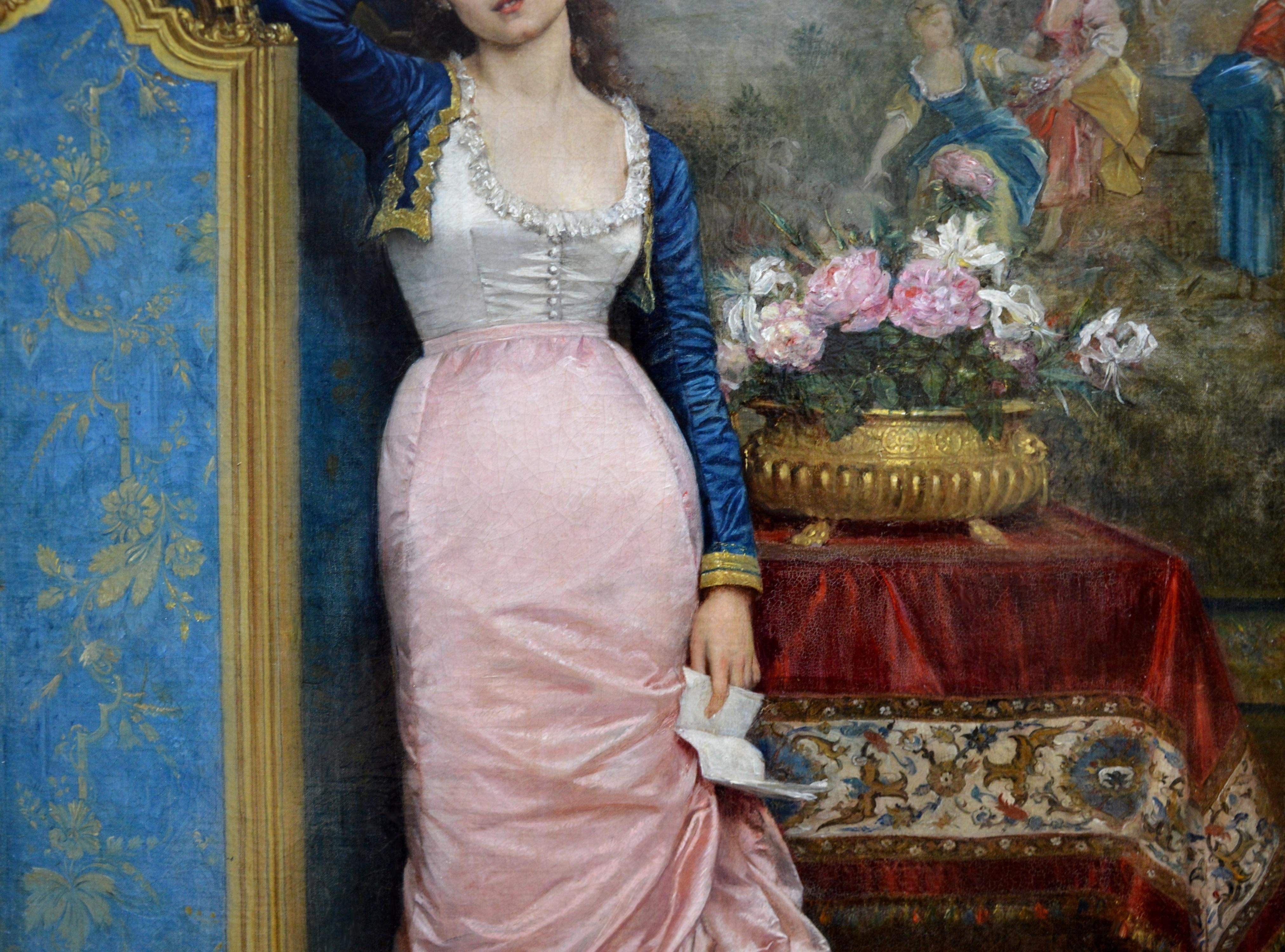 This is a fine 19th century oil on canvas depicting an elegant Parisienne beauty in an opulent salon interior contemplating the contents of a love letter by the celebrated French painter Auguste Toulmouche 1829-1890. ‘Declaration of Love’ is signed