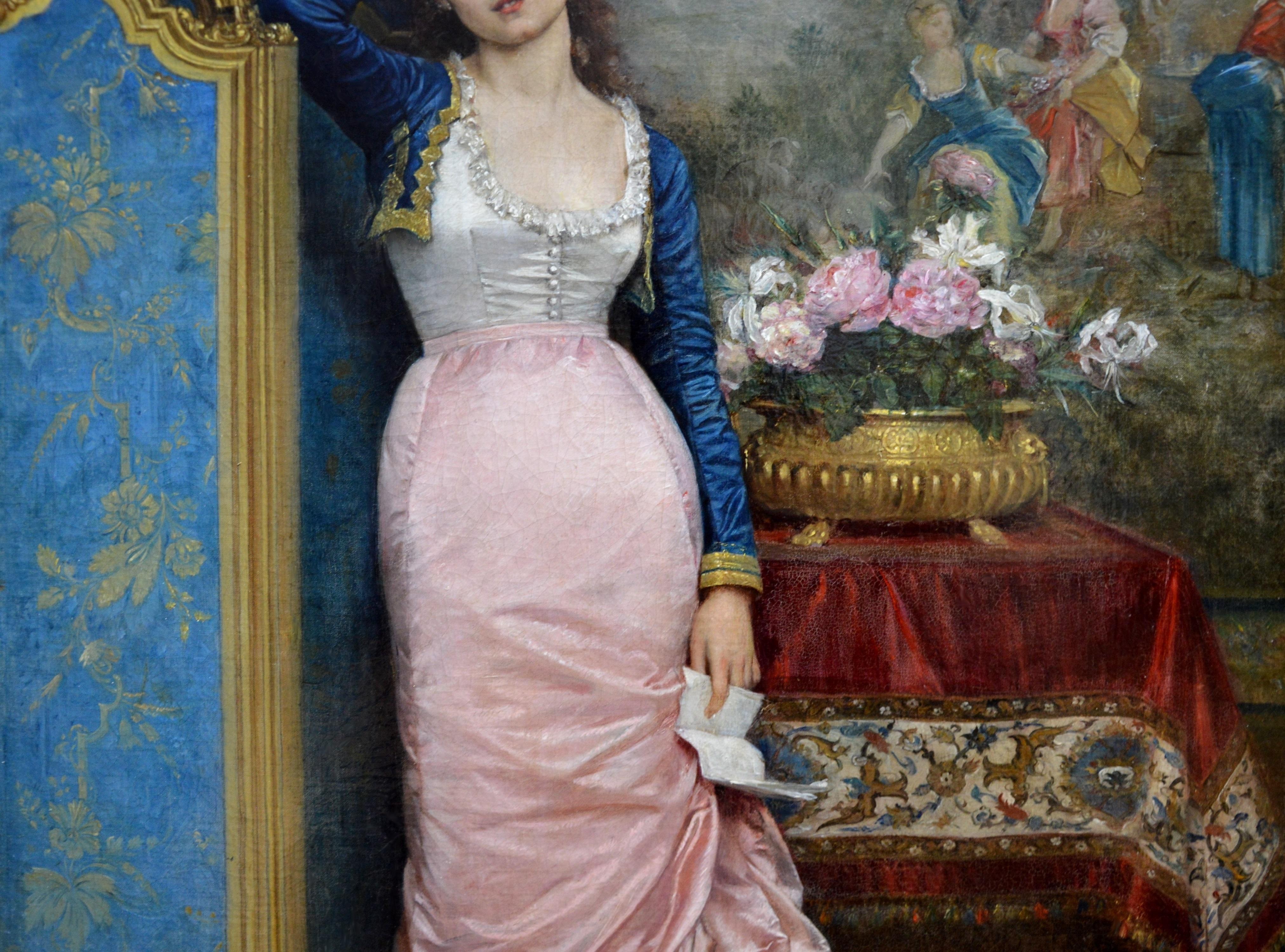 Si tratta di un pregiato olio su tela del XIX secolo che raffigura un'elegante bellezza parigina in uno sfarzoso salotto che contempla il contenuto di una lettera d'amore, opera del celebre pittore francese Auguste Toulmouche 1829-1890.