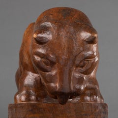 Auguste Trémont(attrib.) : Lion cub drinking, carved wood sculpture c.1950