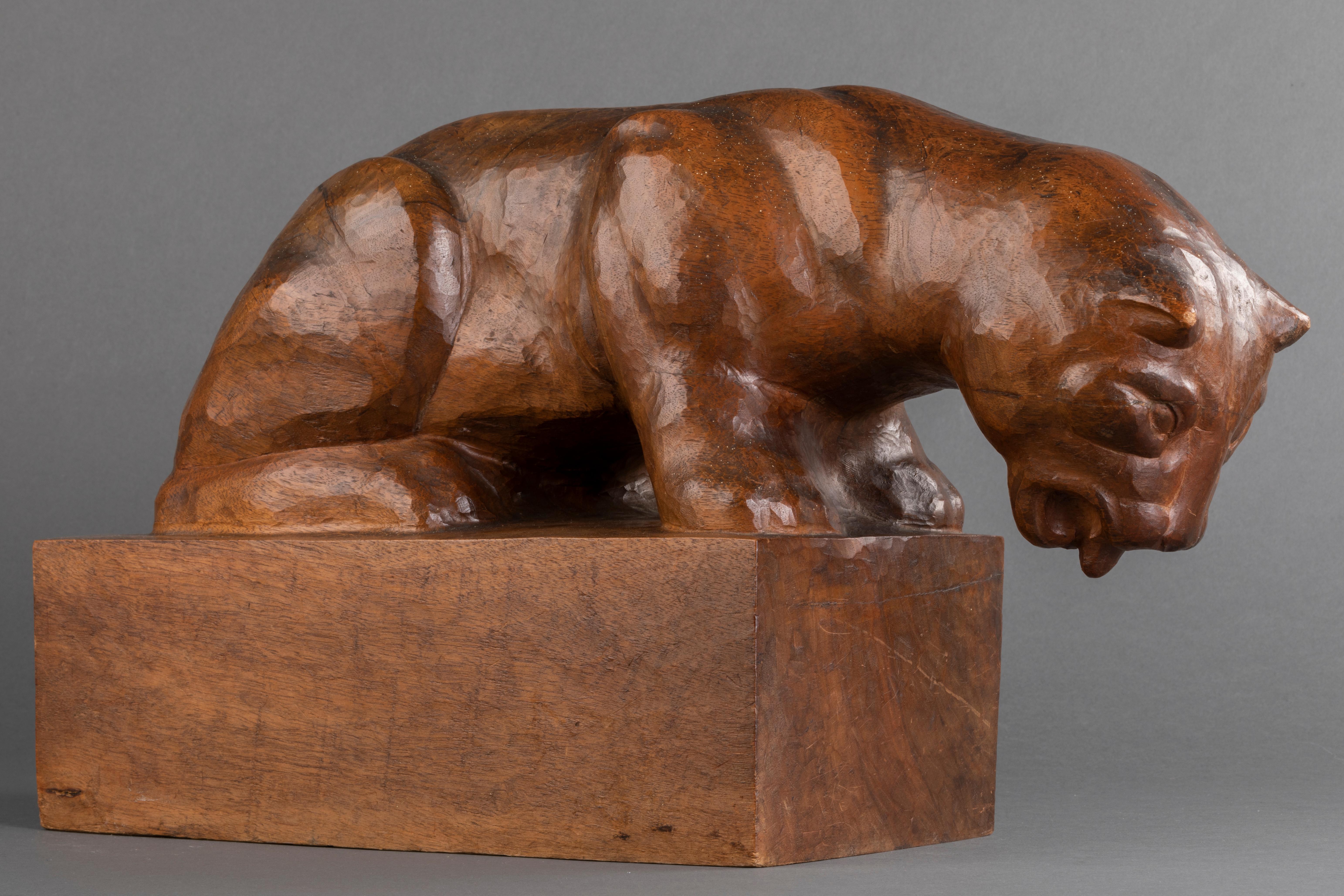 French Auguste Trémont(attrib.) : Lion cub drinking, carved wood sculpture c.1950 For Sale