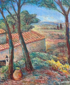 Mediterranean Provencal Landscape Trees & Red Roof Houses Signed French Oil