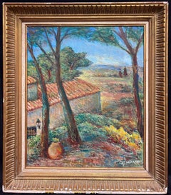 Mediterranean Provencal Landscape Trees & Red Roof Houses Signed French Oil