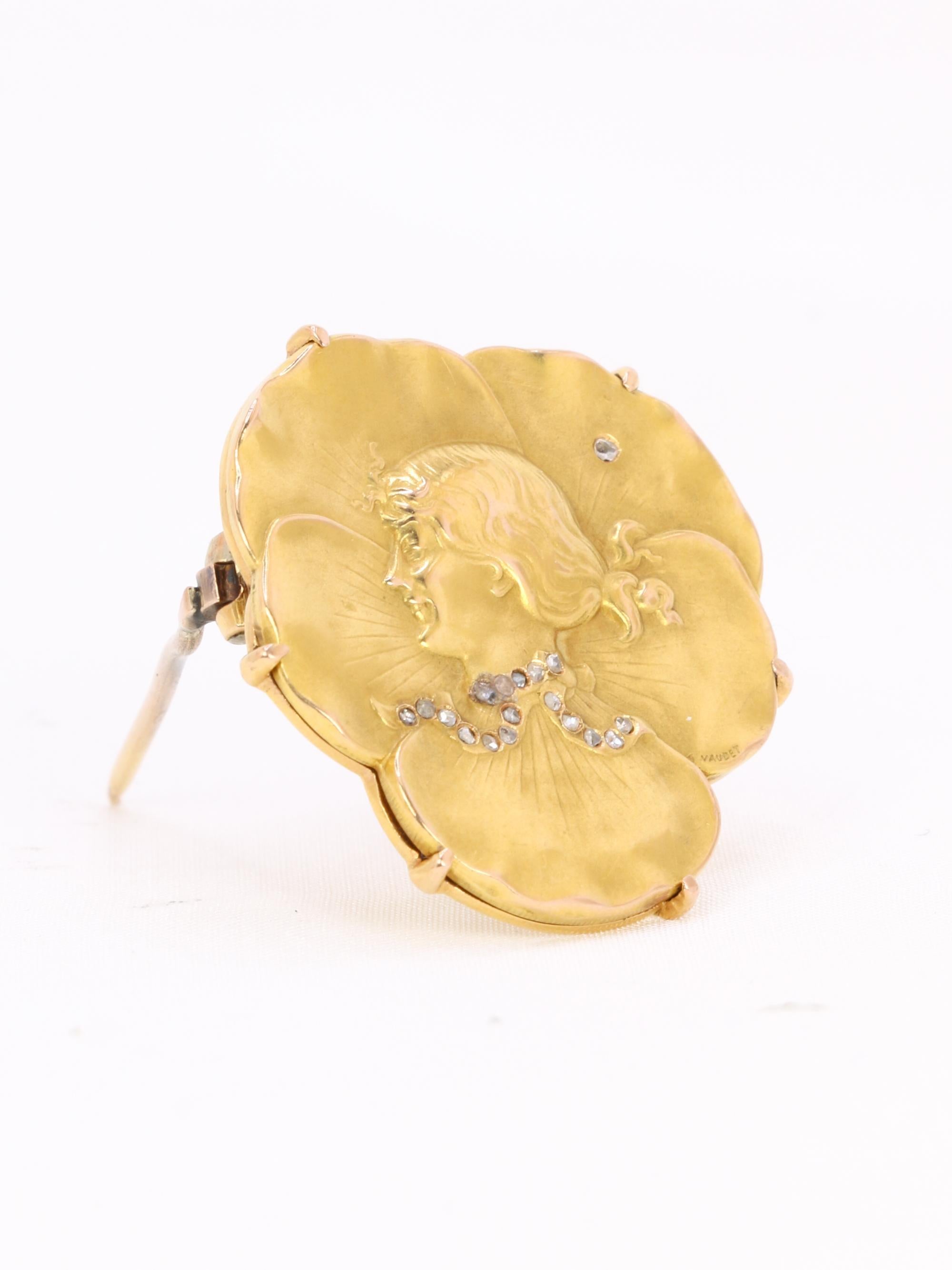 Auguste VAUDET - Broche Art Nouveau de oro amarillo y diamantes en venta 1