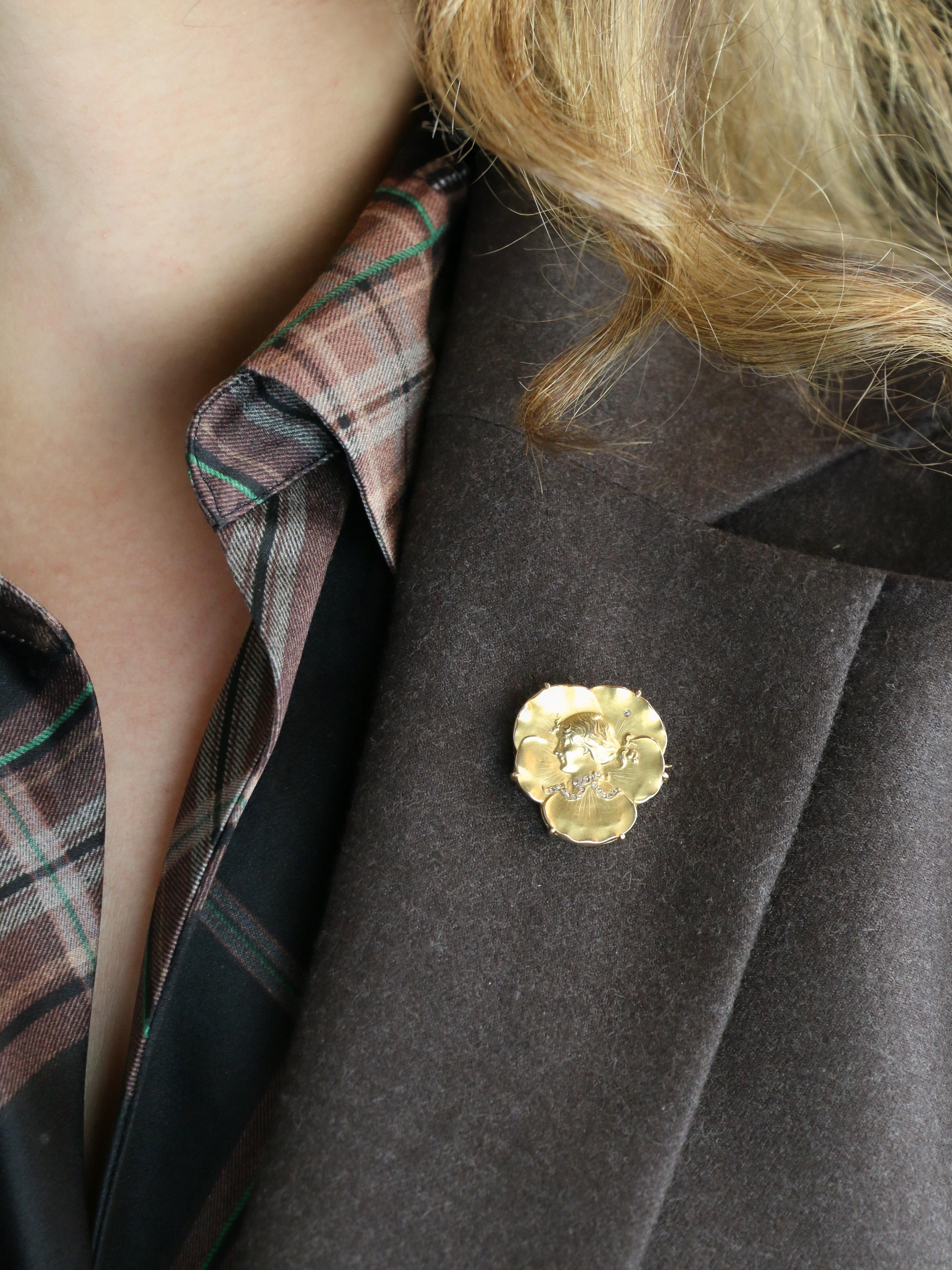 Auguste VAUDET - Broche Art Nouveau de oro amarillo y diamantes en venta 2