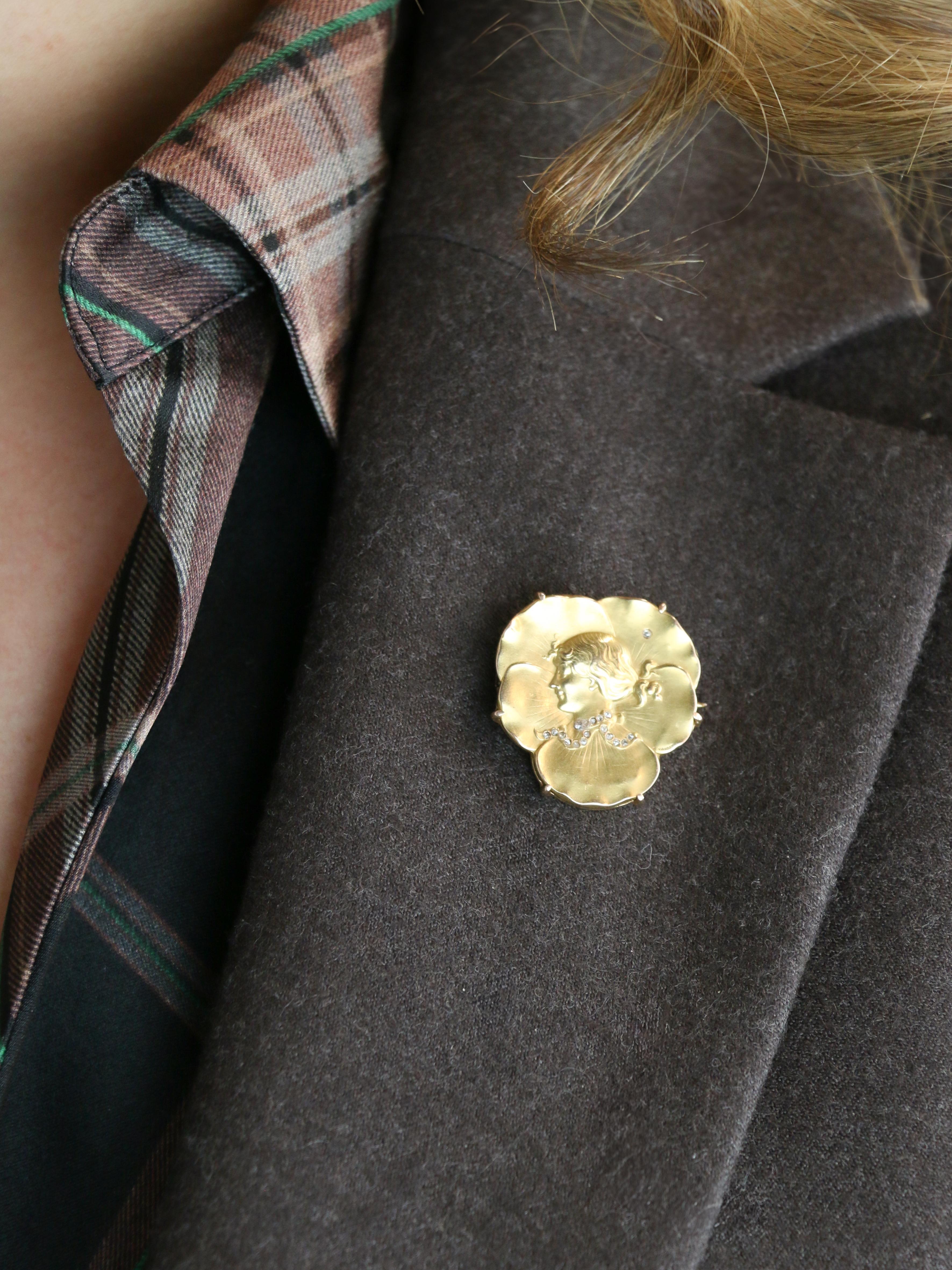 Auguste VAUDET - Broche Art Nouveau de oro amarillo y diamantes en venta 3