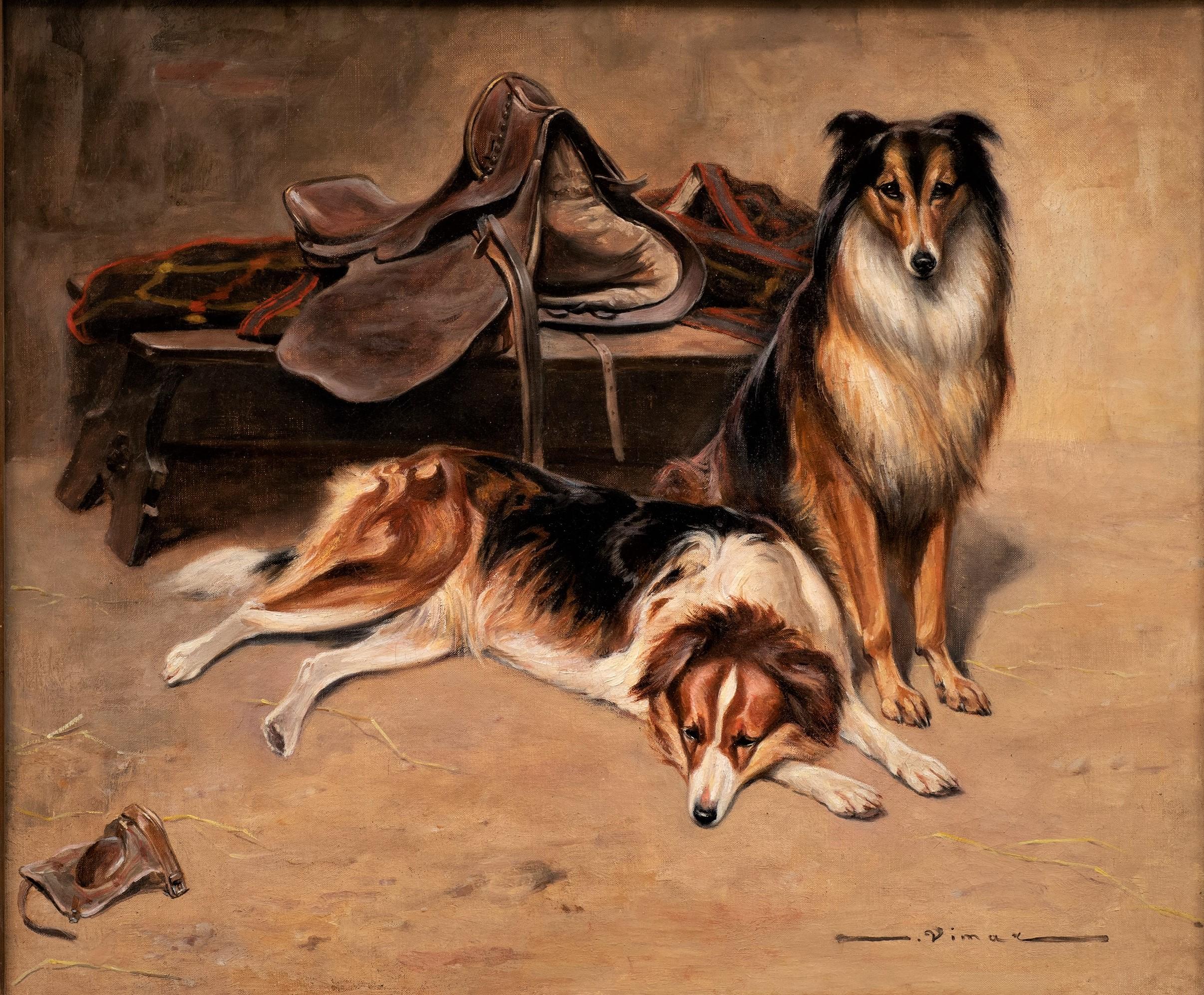 Pintura antigua de perros Collies en establo con silla de montar y manta, siglo XIX - Painting de Auguste Vimar 