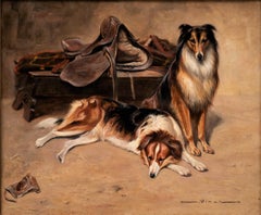 Antique Dog Painting Collies in Horse Stable w/ Saddle and Blanket, 19th century