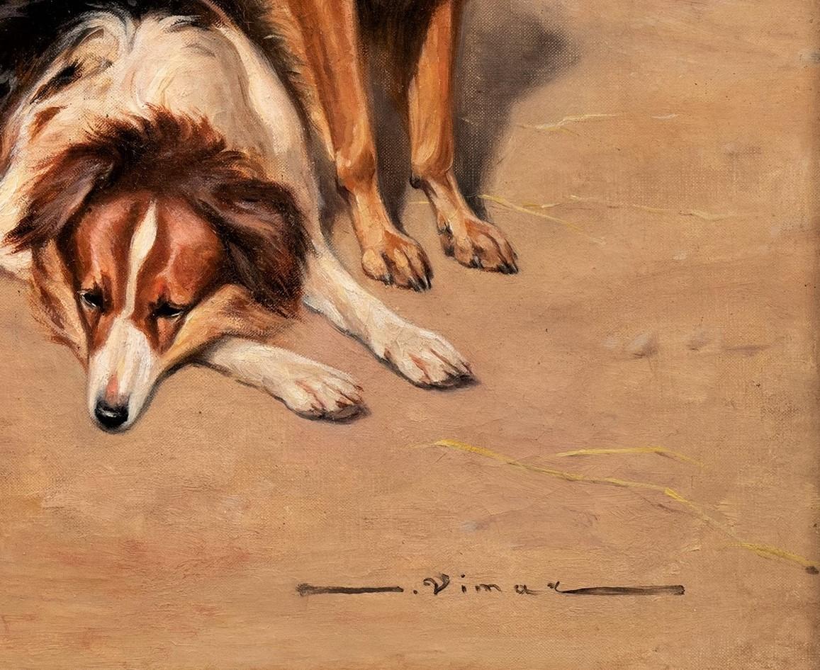 Antikes Hundegemälde Collies in Pferd-Tisch mit Sattel und Deckendecke, 19. Jahrhundert (Realismus), Painting, von Auguste Vimar 