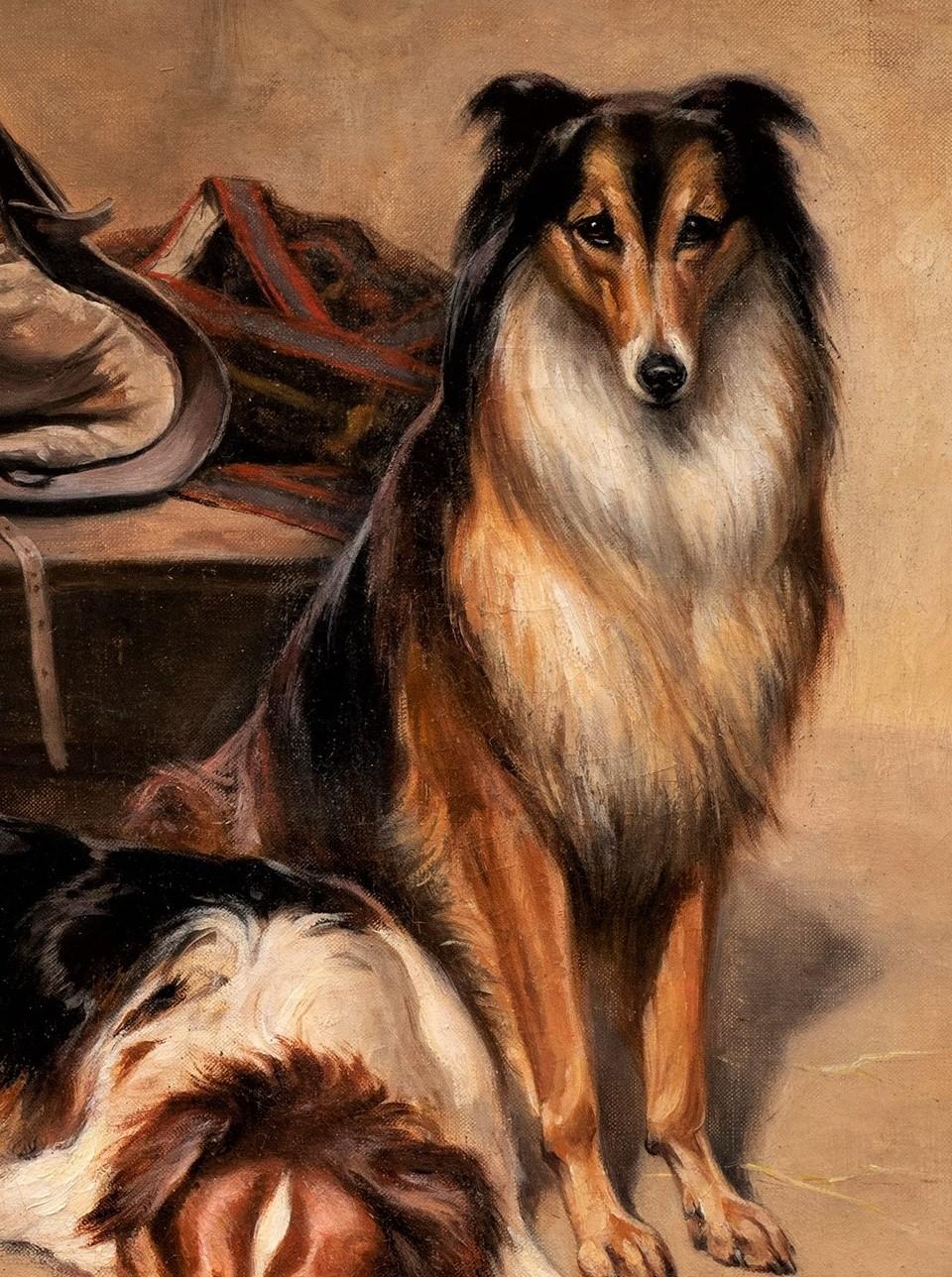 Antique Dog Painting Collies in Horse Stable w/ Saddle and Blanket, 19th century For Sale 1