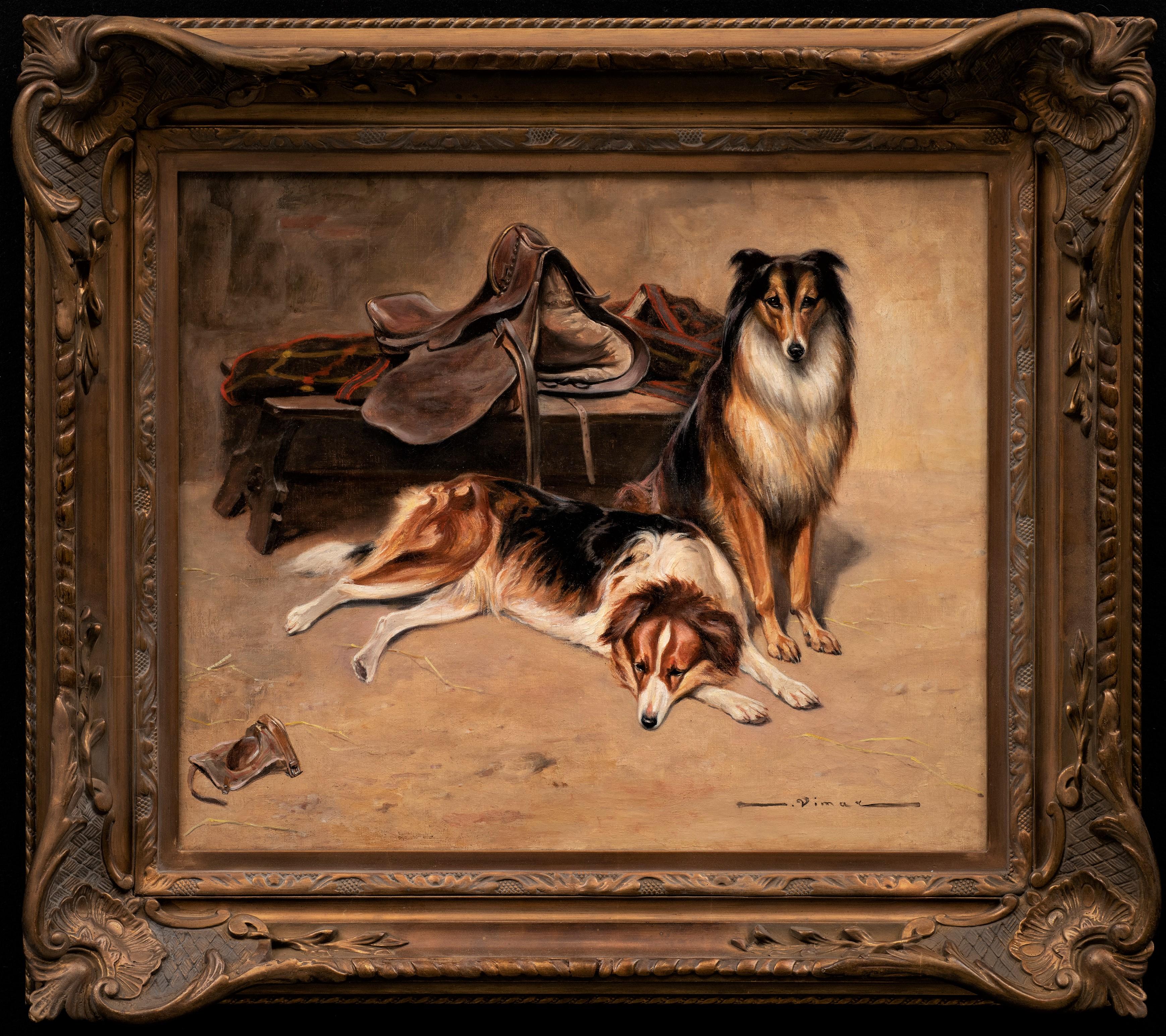 Animal Painting Auguste Vimar  - Peinture ancienne Collies dans une écurie de chevaux avec selle et couverture, 19e siècle