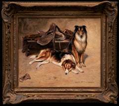 Antique Dog Painting Collies in Horse Stable w/ Saddle and Blanket, 19th century