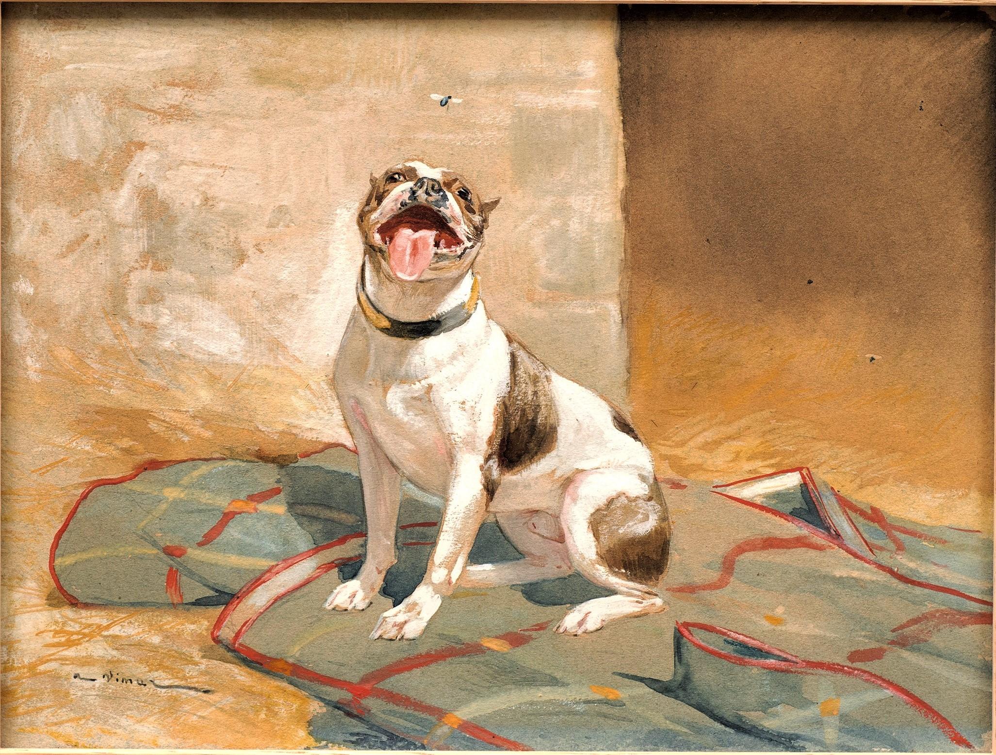 Antiquities Peinture de chien The Bulldog and the Fly ca. 1900 Auguste Vimar