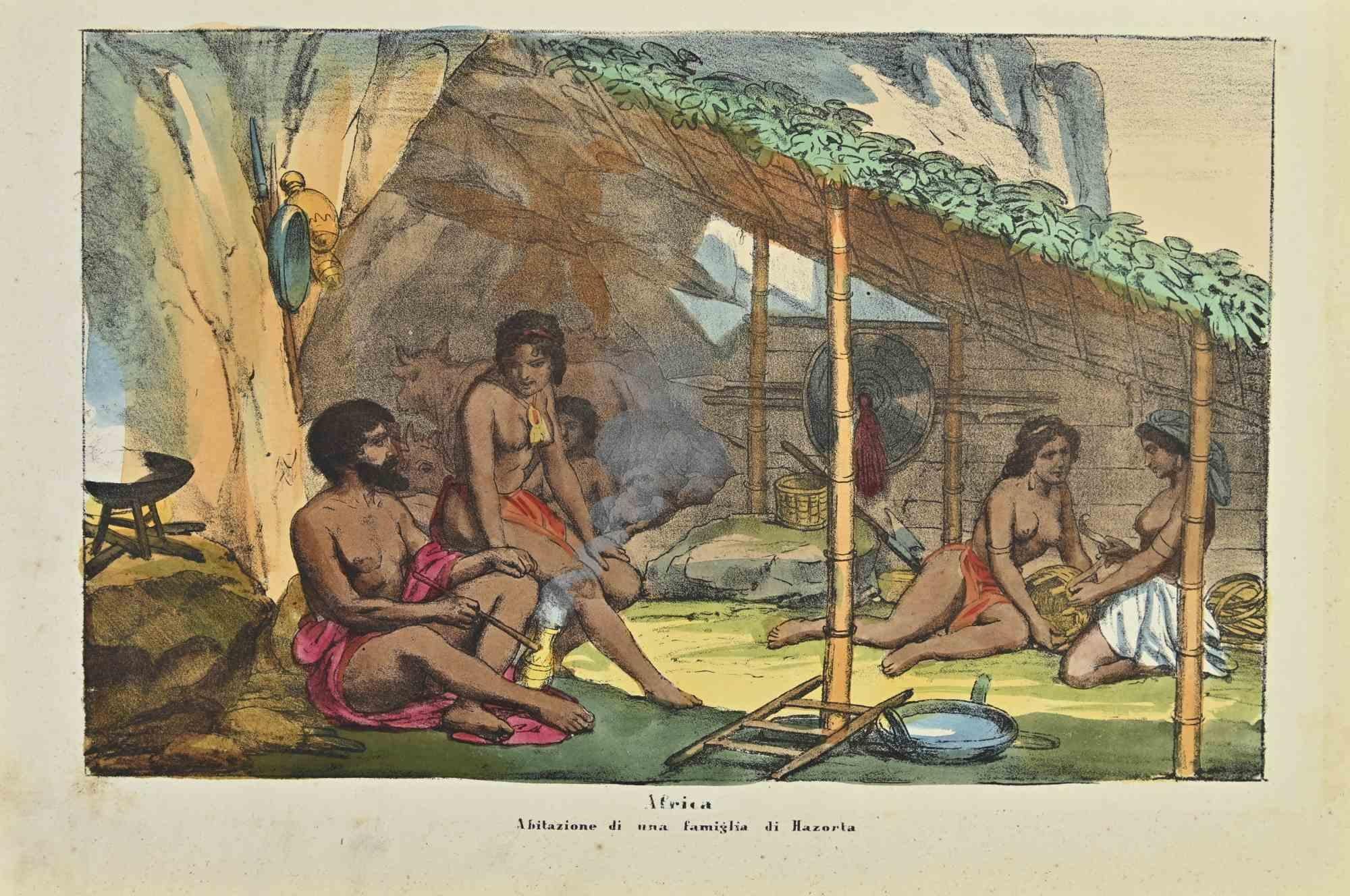 Ancient African Costumes is a lithograph made by Auguste Wahlen in 1844.

Hand colored.

Good condition.

At the center of the artwork is the original title "Africa" and subtitle "Abitazione di una famiglia di Hazorta" (translated, "Home of a family