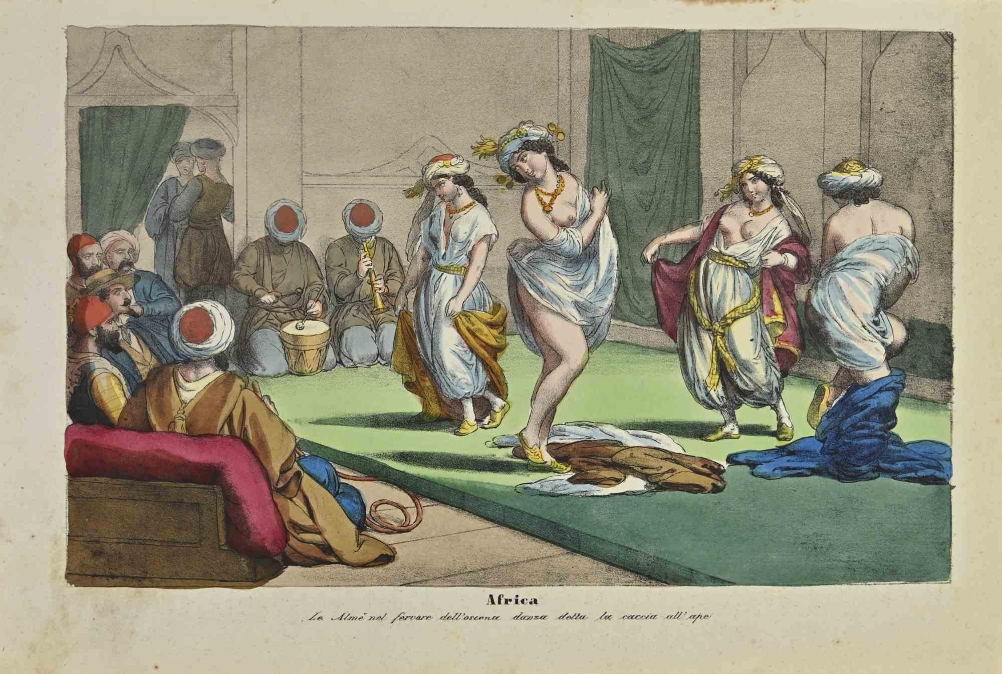 Ancient African Costumes is a lithograph made by Auguste Wahlen in 1844.

Hand colored.

Good condition.

At the center of the artwork is the original title "Africa" and subtitle "Le Almè nel fervore dell'oscena danza detta la caccia all'ape"