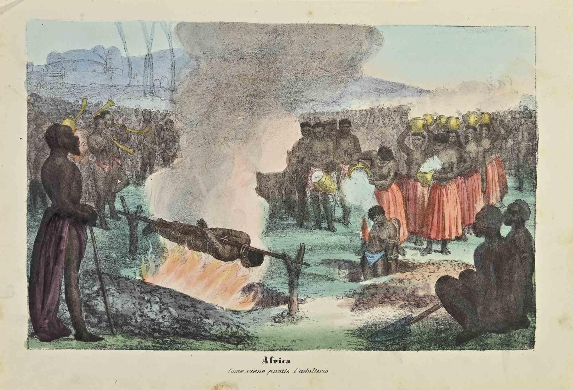 Ancient African Customs is a lithograph made by Auguste Wahlen in 1844.

Hand colored.

Good condition.

At the center of the artwork is the original title "Africa" and subtitle "Come viene punito l'adulterio" (translated, "How is adultery