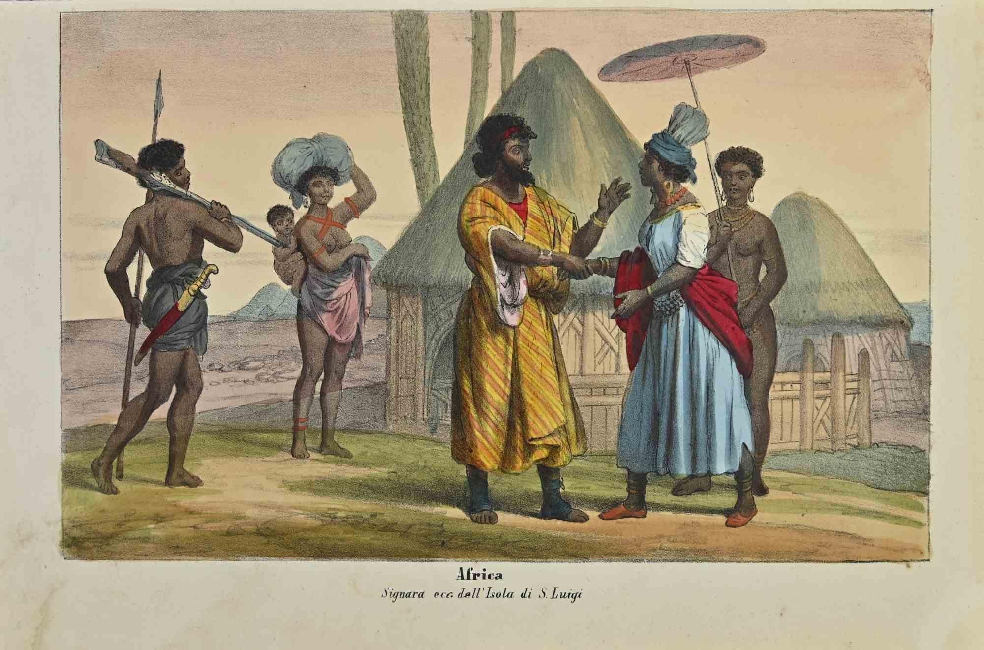 Ancient African Customs is a lithograph made by Auguste Wahlen in 1844.

Hand colored.

Good condition.

At the center of the artwork is the original title "Africa" and subtitle "Signara ecc. dell'Isola di S.Luigi".

The work is part of Suite