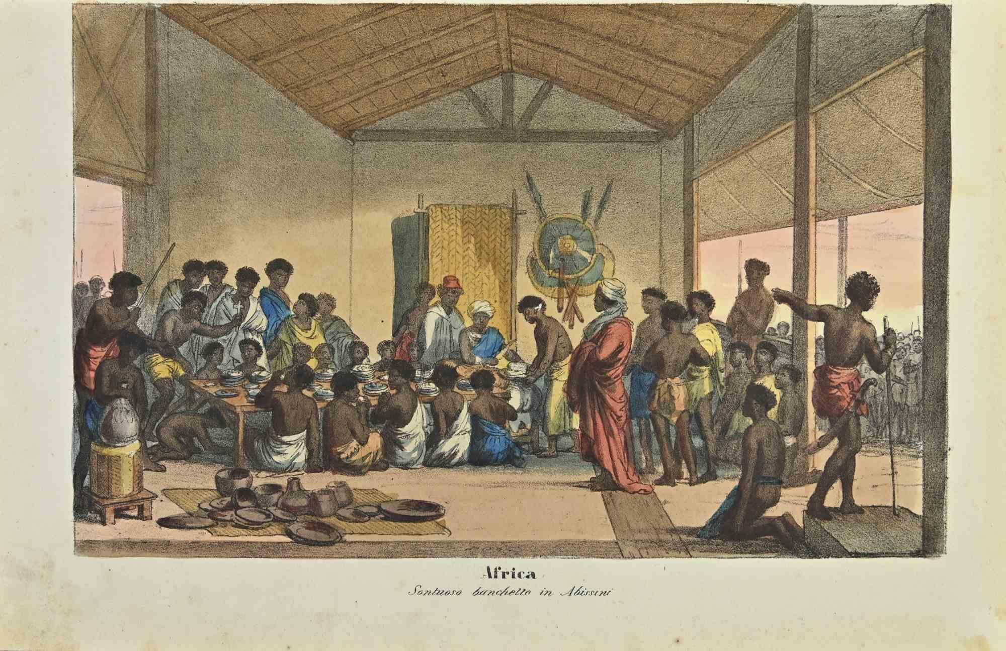 Ancient African Customs is a lithograph made by Auguste Wahlen in 1844.

Hand colored.

Good condition.

At the center of the artwork is the original title "Africa" and subtitle "Sontuoso banchetto in Abissini" (translated, "Sumptuous banquet in