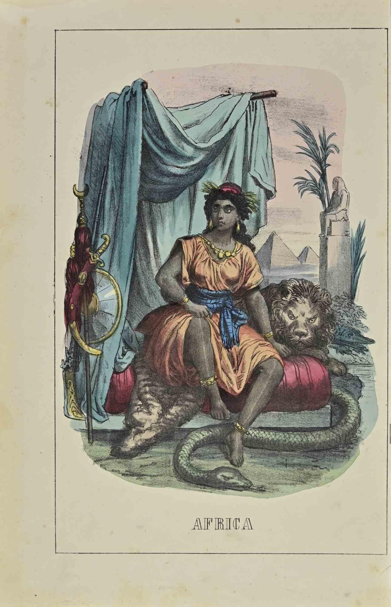 Ancient African Customs is a lithograph made by Auguste Wahlen in 1844.

Hand colored.

Good condition.

At the center of the artwork is the original title "Africa".

The work is part of Suite Moeurs, usages et costumes de tous les peuples du monde,