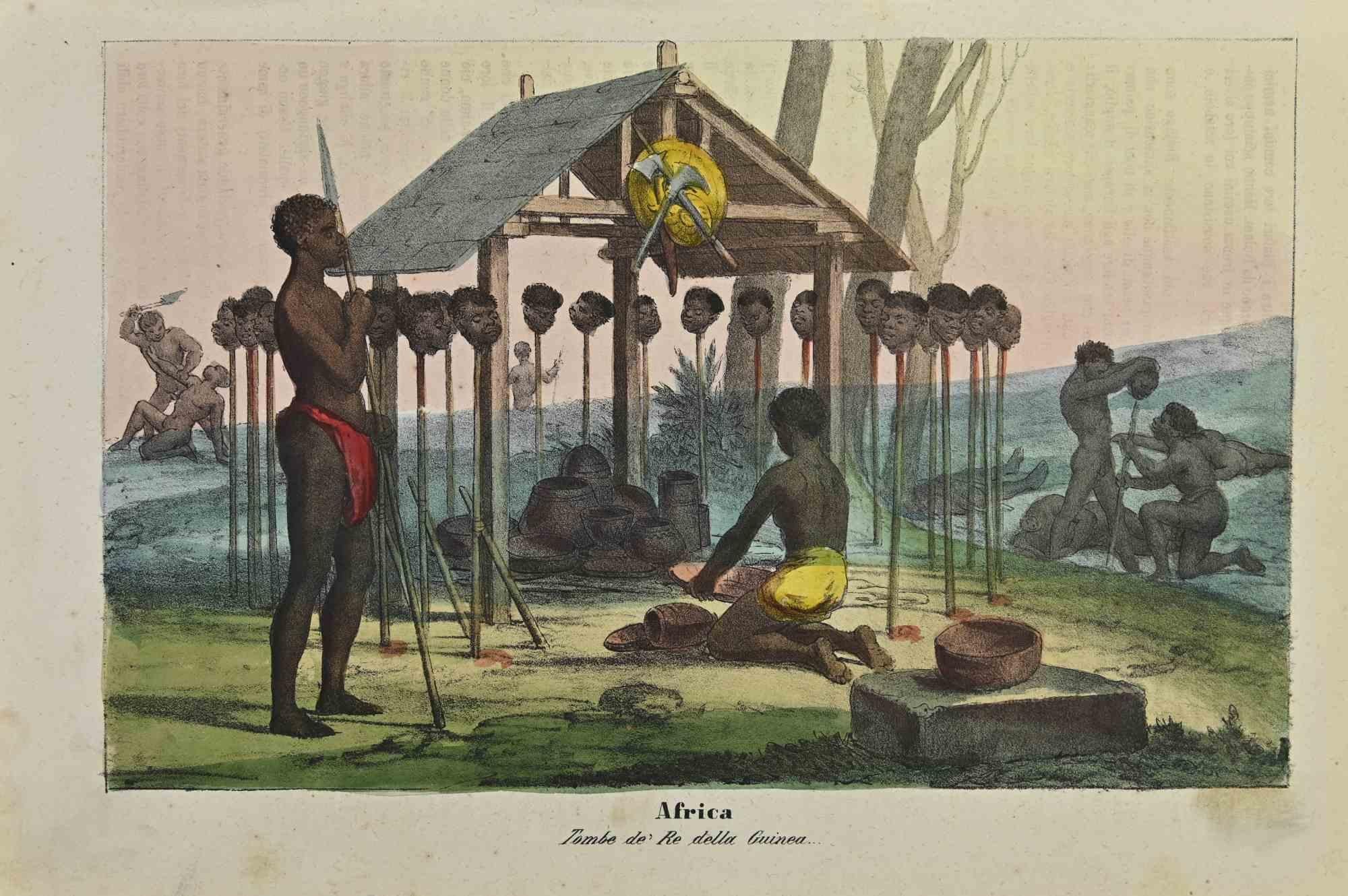 Ancient African Customs is a lithograph made by Auguste Wahlen in 1844.

Hand colored.

Good condition.

At the center of the artwork is the original title "Africa" and subtitle "Tombe de' Re della Guinea" (translated, "Tombs of King of