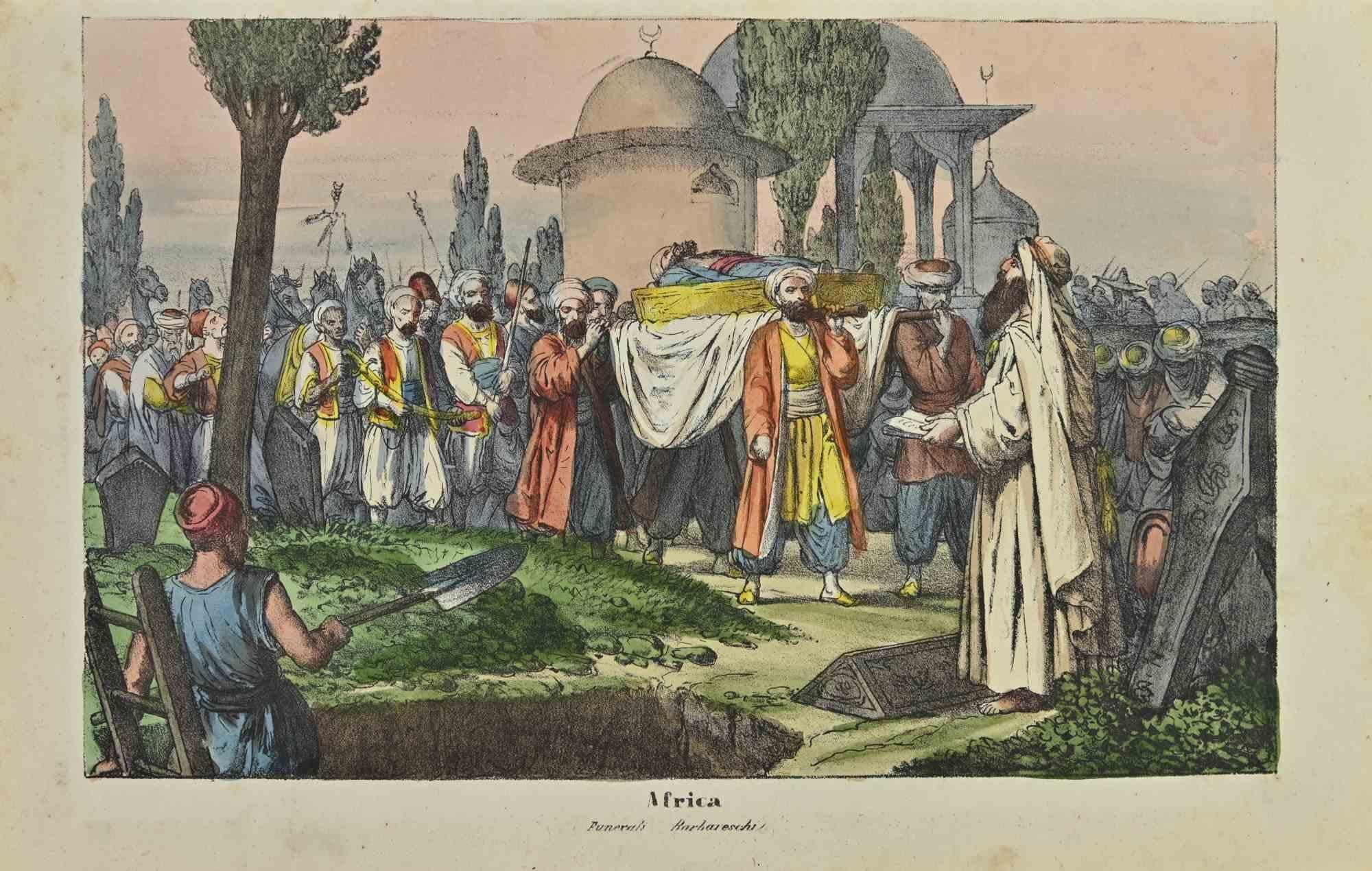 Ancient African Customs is a lithograph made by Auguste Wahlen in 1844.

Hand colored.

Good condition.

At the center of the artwork is the original title "Africa" and subtitle "Funerali Barbareschi" (translated, "Barbarous Funerals")

The work is