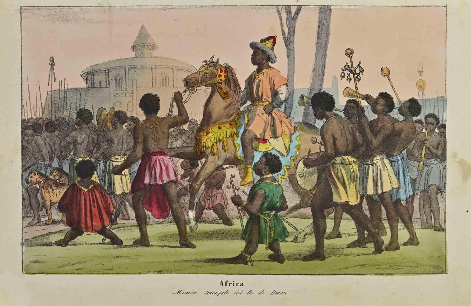 Africa is a lithograph realized by Auguste Wahlen in 1844.

Hand colored.

Good condition.

At the center of the artwork is the original title "Africa" and subtitle "Marcia trionfale del Re di Benin" (translated, "Triumphal March of the King of
